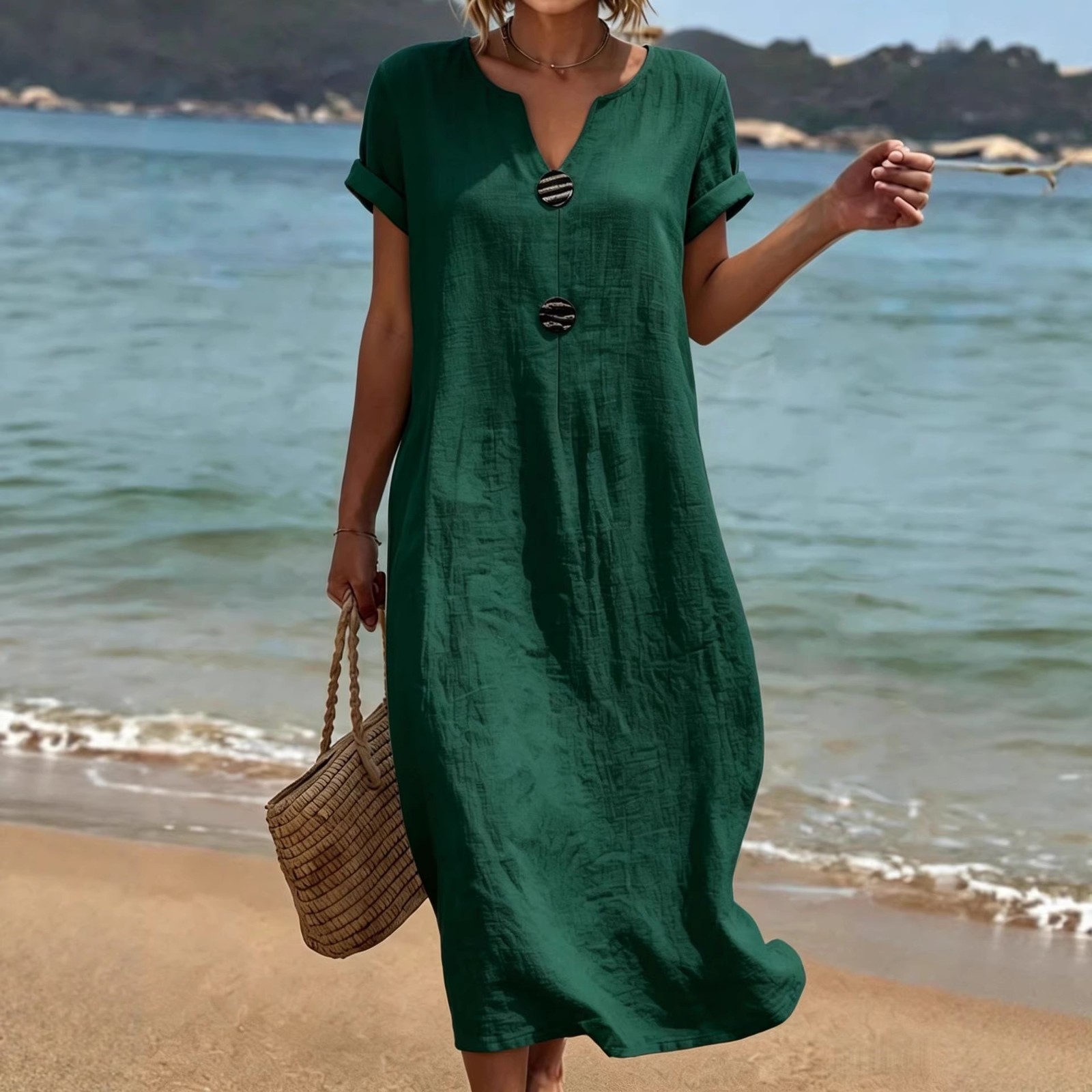 Womens Casual Solid-Color Cotton-Linen Dress
