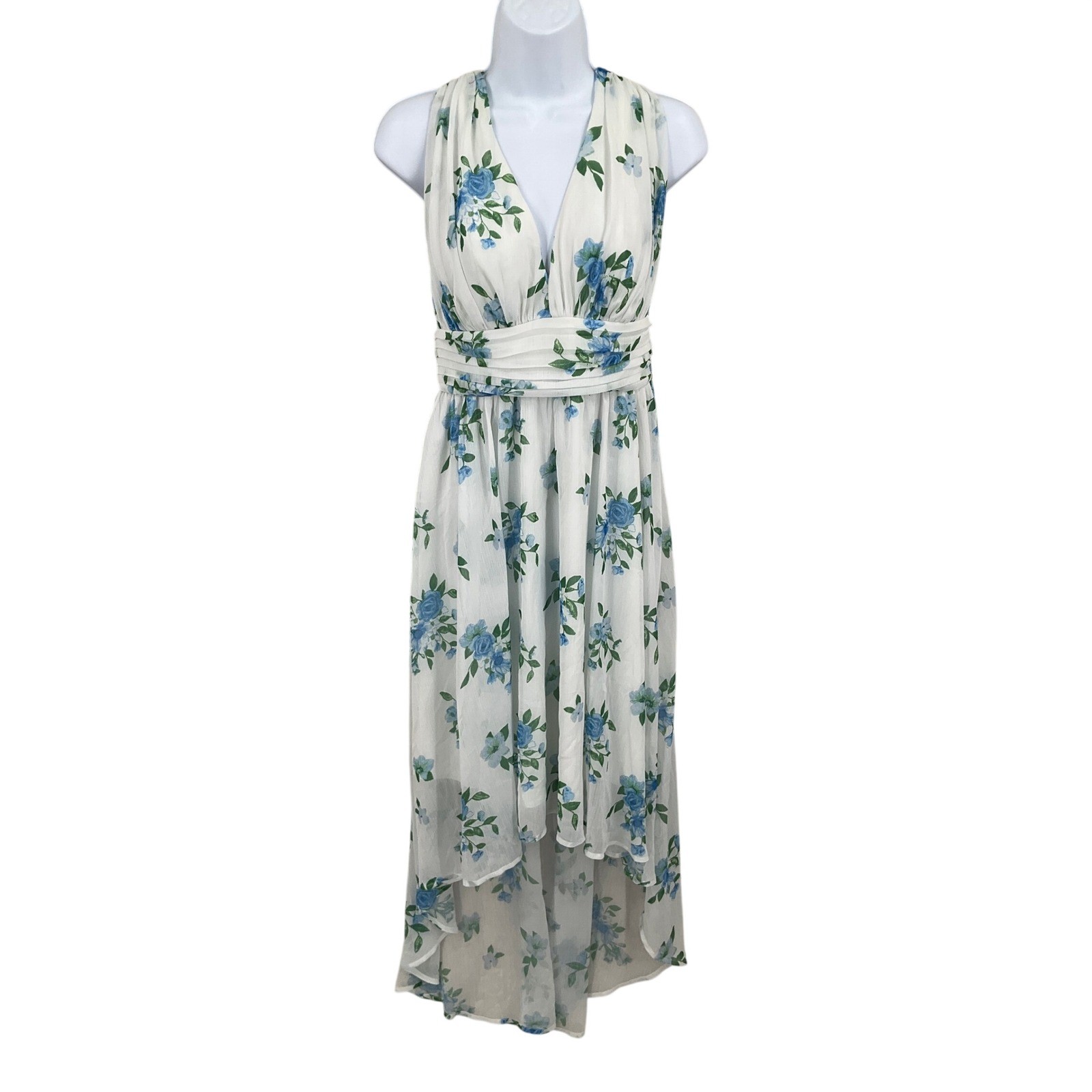 Disney Princess High Low Dress Women M White Chiffon Blue Floral V-Neck Gown