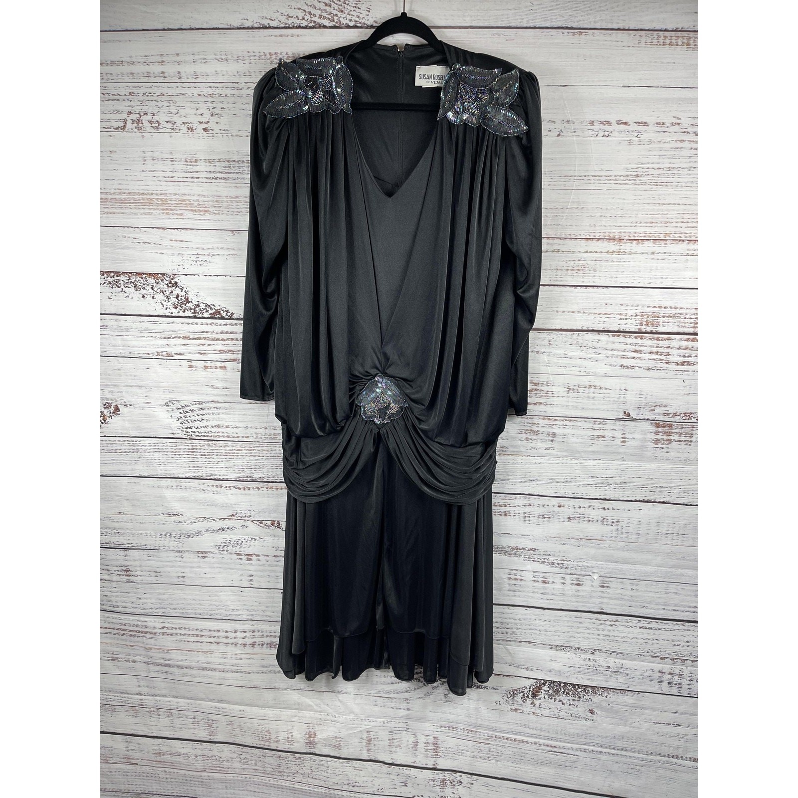 Vintage Susan Roselli Dress Women’s 16 Black Sequin Drape Gown Shoulder Pads 80s