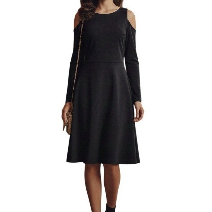 LOFT Womens Black Cold Shoulder A-Line Dress Long Sleeve Size 6 Ponte Knit LBD