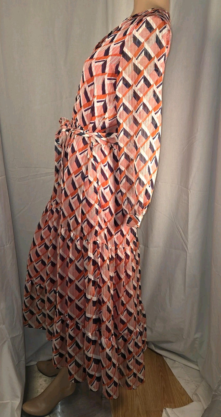 FRNCH Paris Red White Blue Gold Metallic Long Dress 100% Viscose Women’s Size S