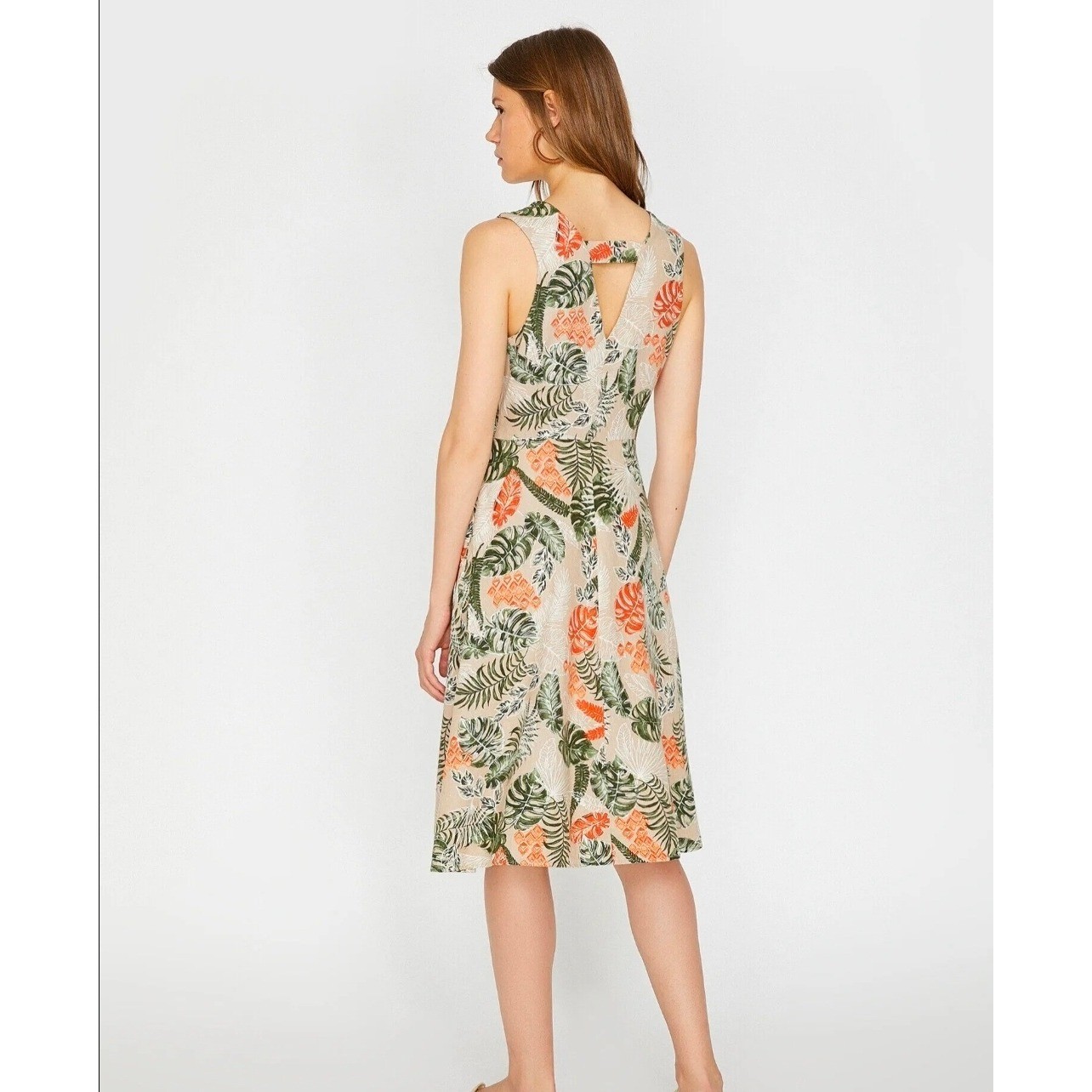 Koton Tropical Leaf Print Midi Dress Women EUR 38 US 6 Beige Green Orange V-Neck