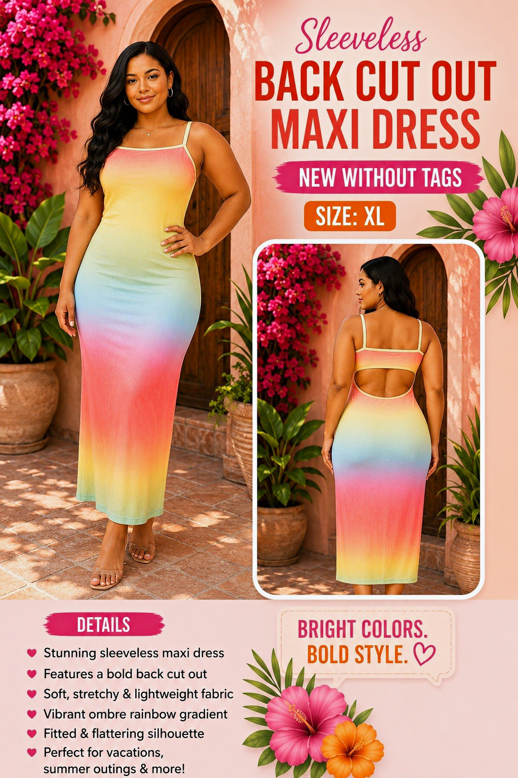 ChicMe Multicolor Rainbow Ombre Maxi Dress XL Square Neck Strappy Cut-Out