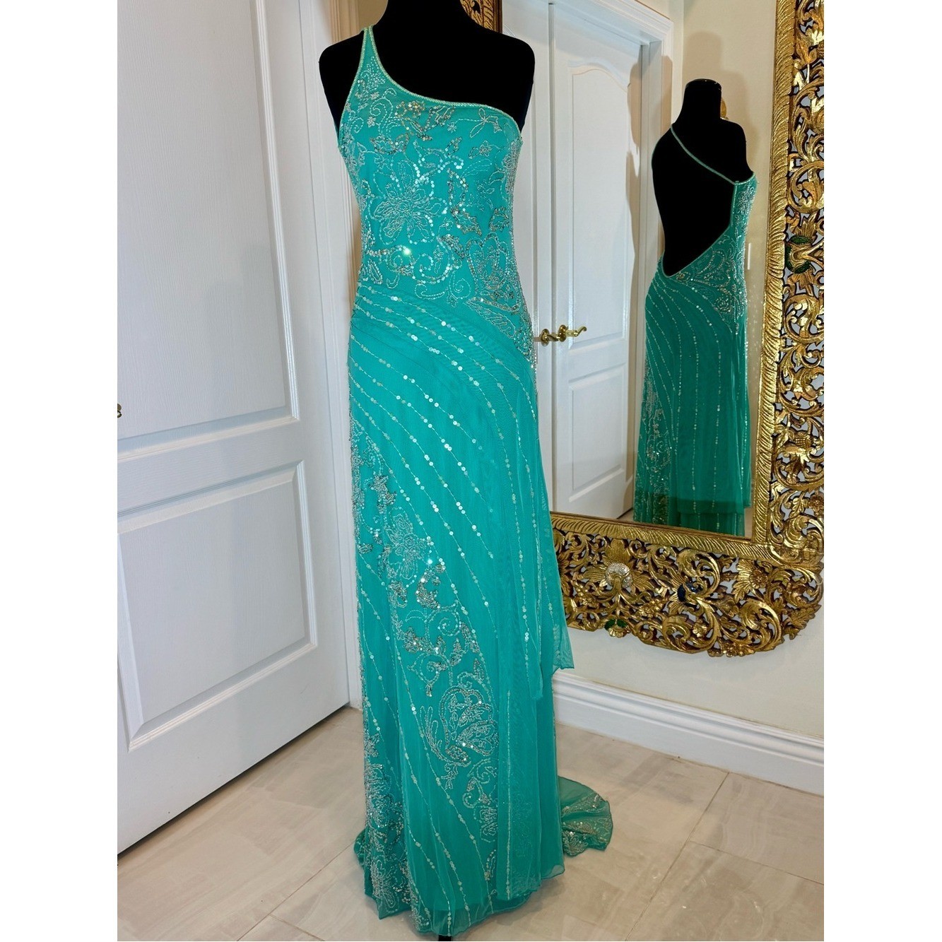 One-Shoulder hand beaded aqua Evening Gown stretch fabric attitudes by Debra