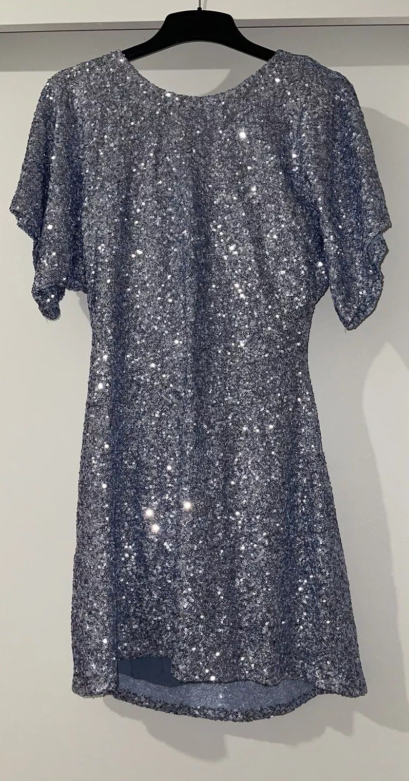 ZARA BLUE GREY SEQUINNED MINI DRESS WITH FLOWING AT BACK NECKLINE SIZE M BNWT