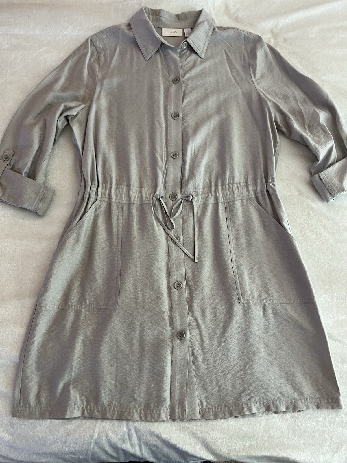 Chico’s Womens Button-Up Shirt Dress Size 1 Rayon/Nylon Blend EUC Gray Taupe