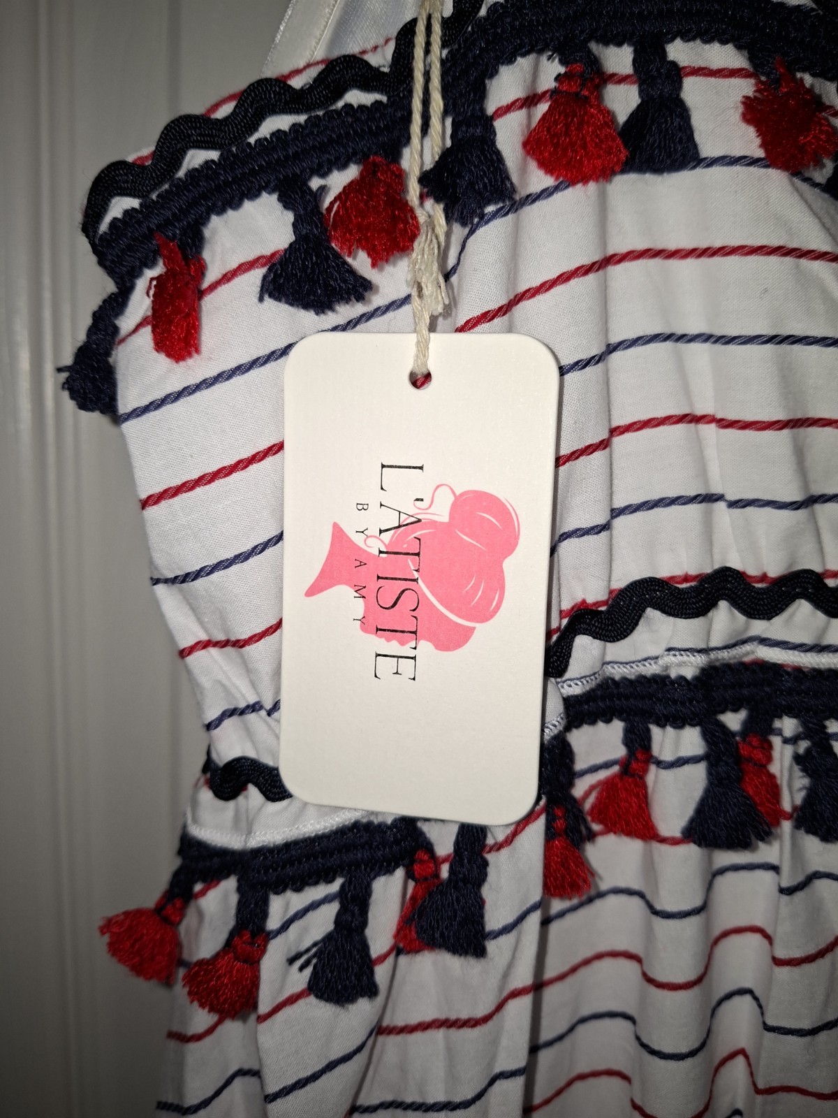 New L’ATISTE Boho Tiered White Blue Red Cotton Maxi Dress Size Medium or Large