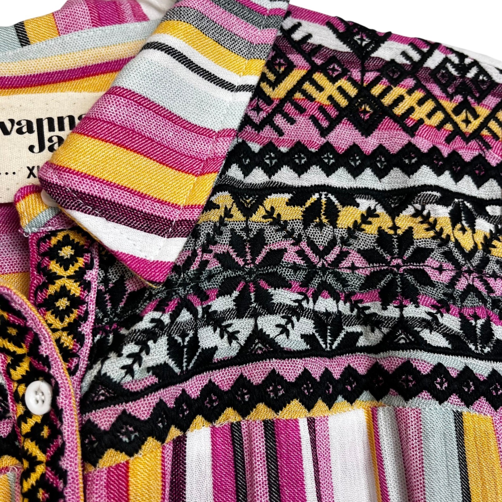 Savanna Jane XL Striped Embroidered Maxi Shirt Dress Pink Yellow Boho M93084
