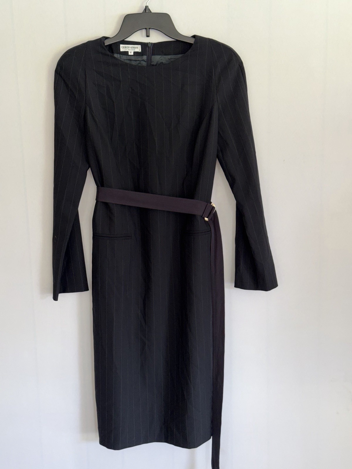 Giorgio Armani Le Collezioni Womens Size 6 Black Pinstripe Belted Dress