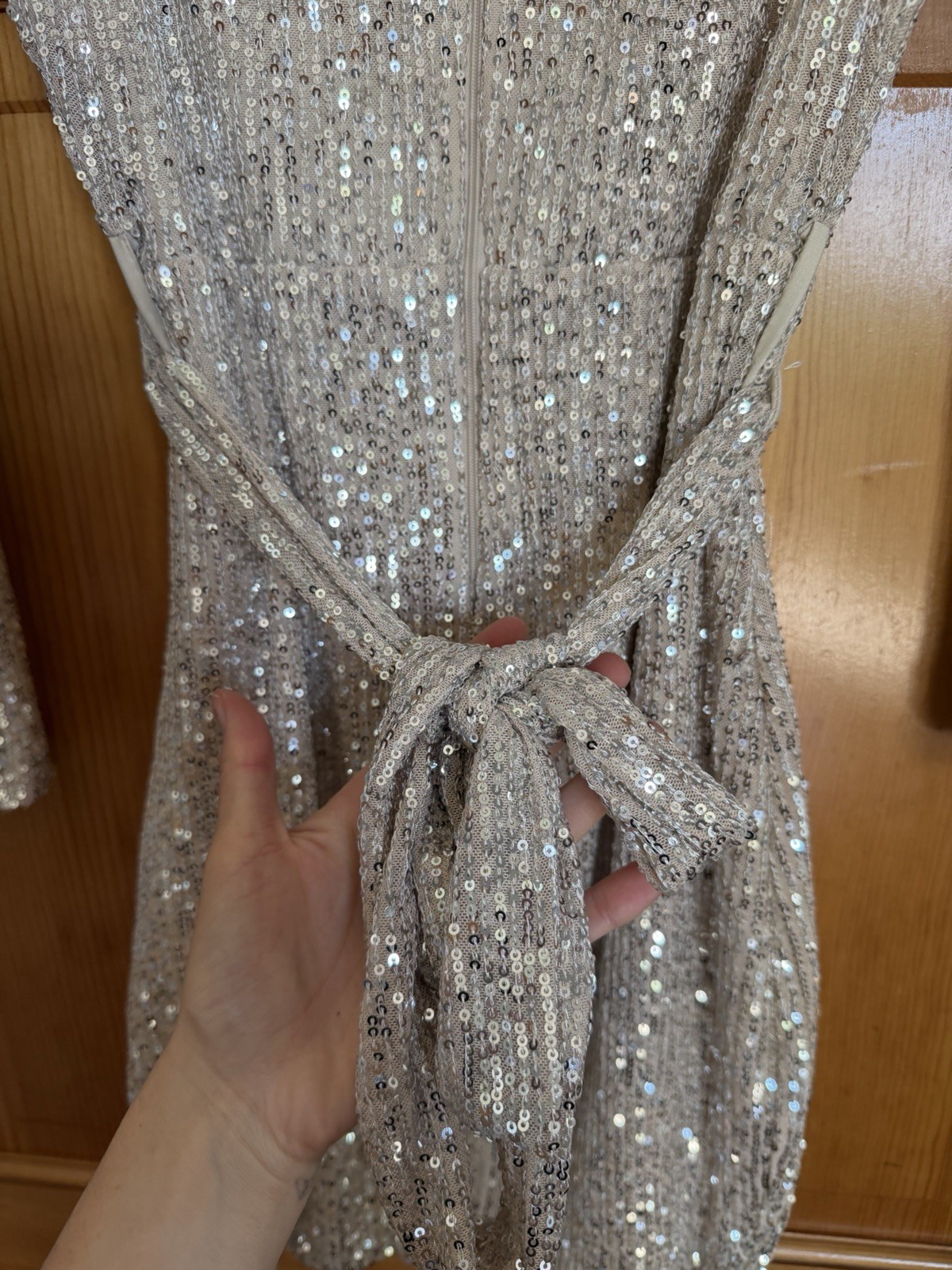 Windsor Silver Sequin Bodycon Mini Dress Long Sleeve Round Neck Stretch M