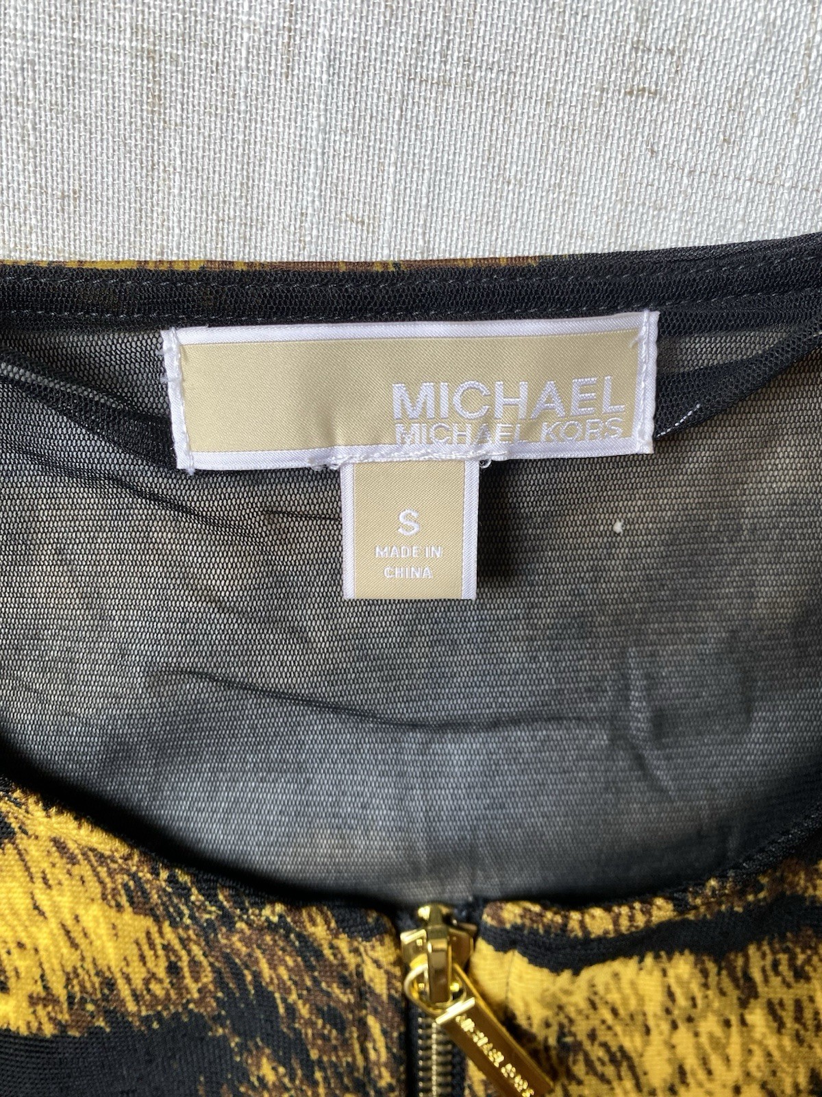 Michael Kors Tiger Stripe Bodycon Dress Small Black Yellow Animal Print Mesh Zip