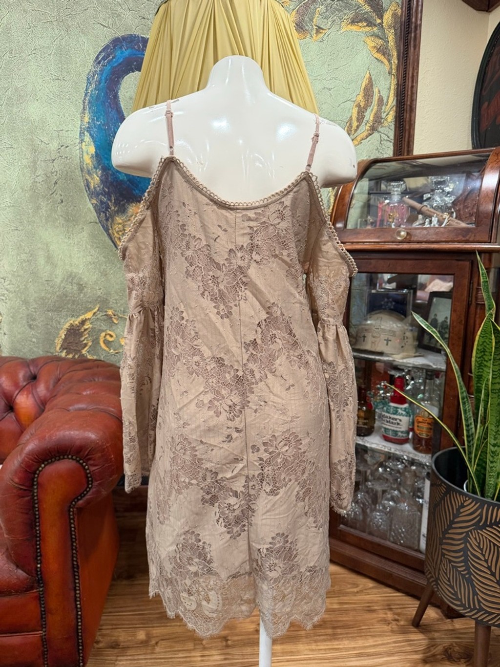 Loveriche NWT Lace Cold Shoulder Mini Dress Taupe Boho Bell Sleeve Medium Brand