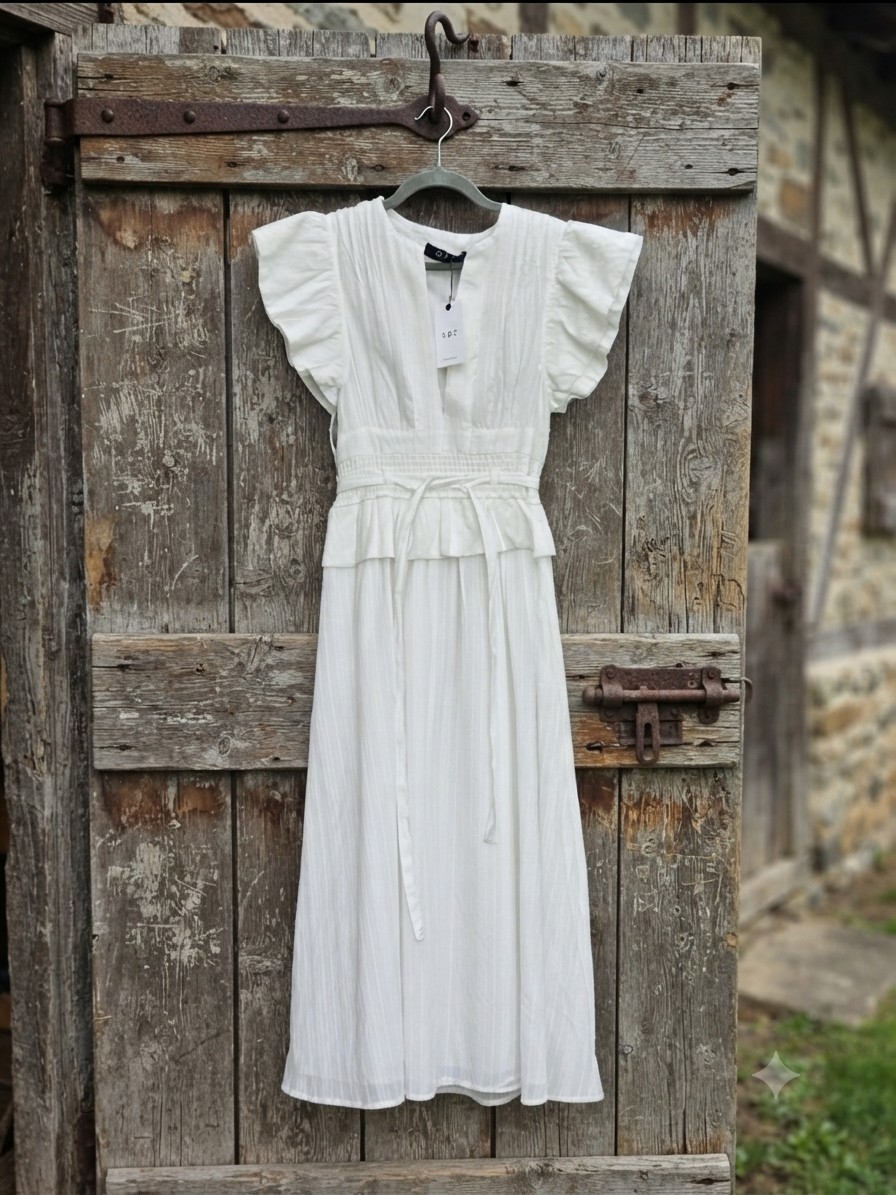 O.P.T White Dress Ruffle Shoulder Size Medium 100% COTTON