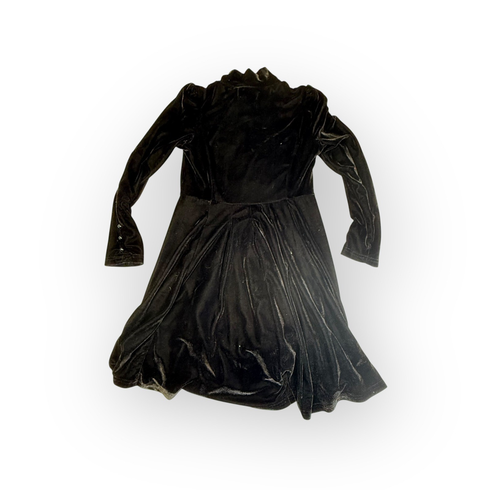 Black Velvet Gothic Mock Neck Long Sleeve Midi Dress Button Cuff Flared Sz L