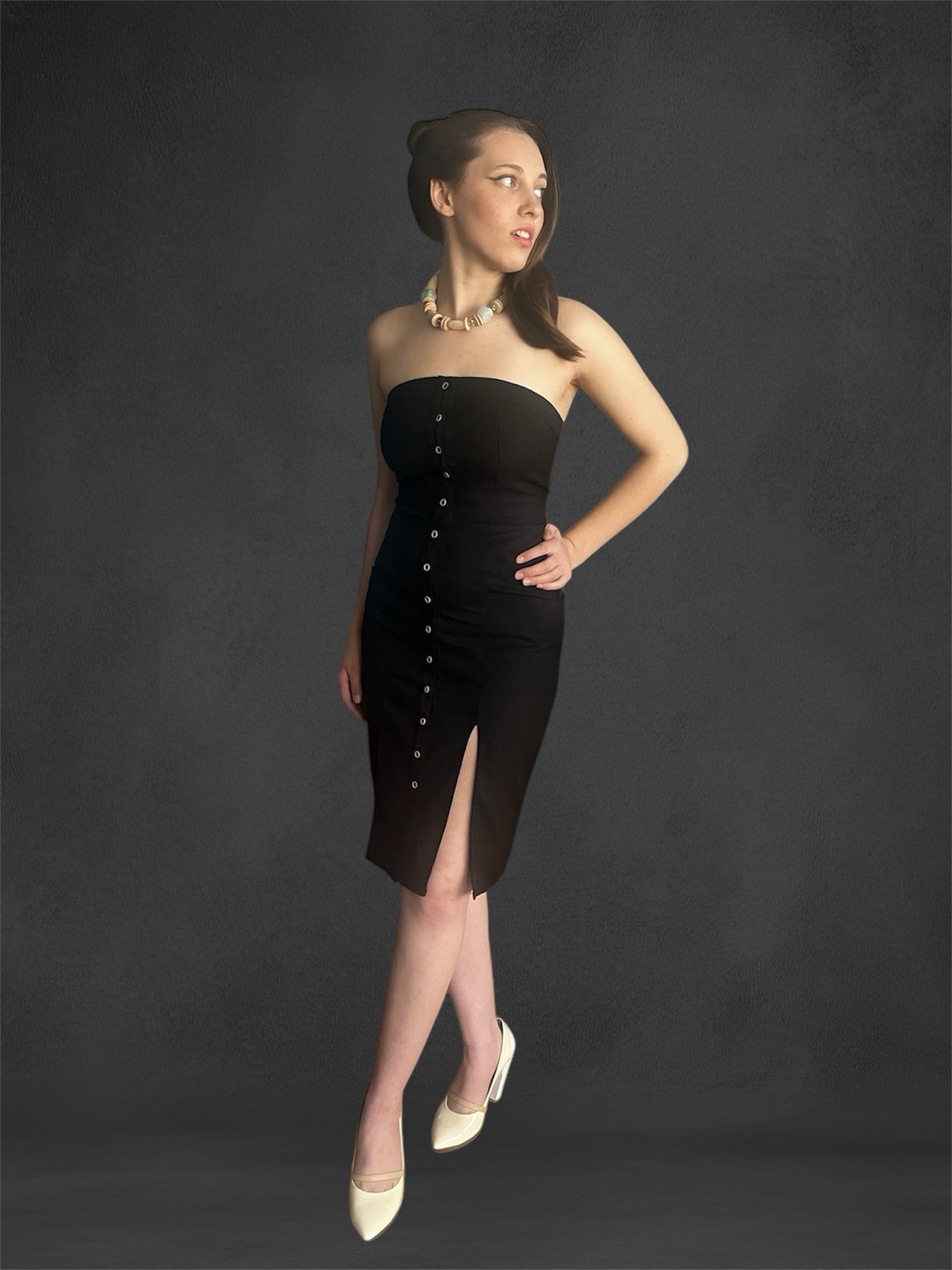 NWT Black Strapless Dress: Structured Buttoned w Front Pockets & Slits S/M/L