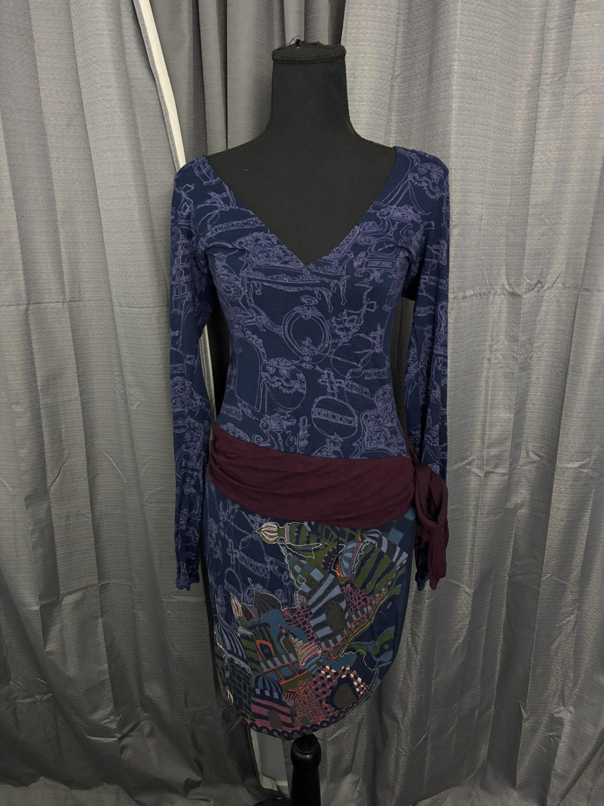 Desigual Dress Womens L Multicolor Geometric Embroidered Artsy Art Deco Hippie