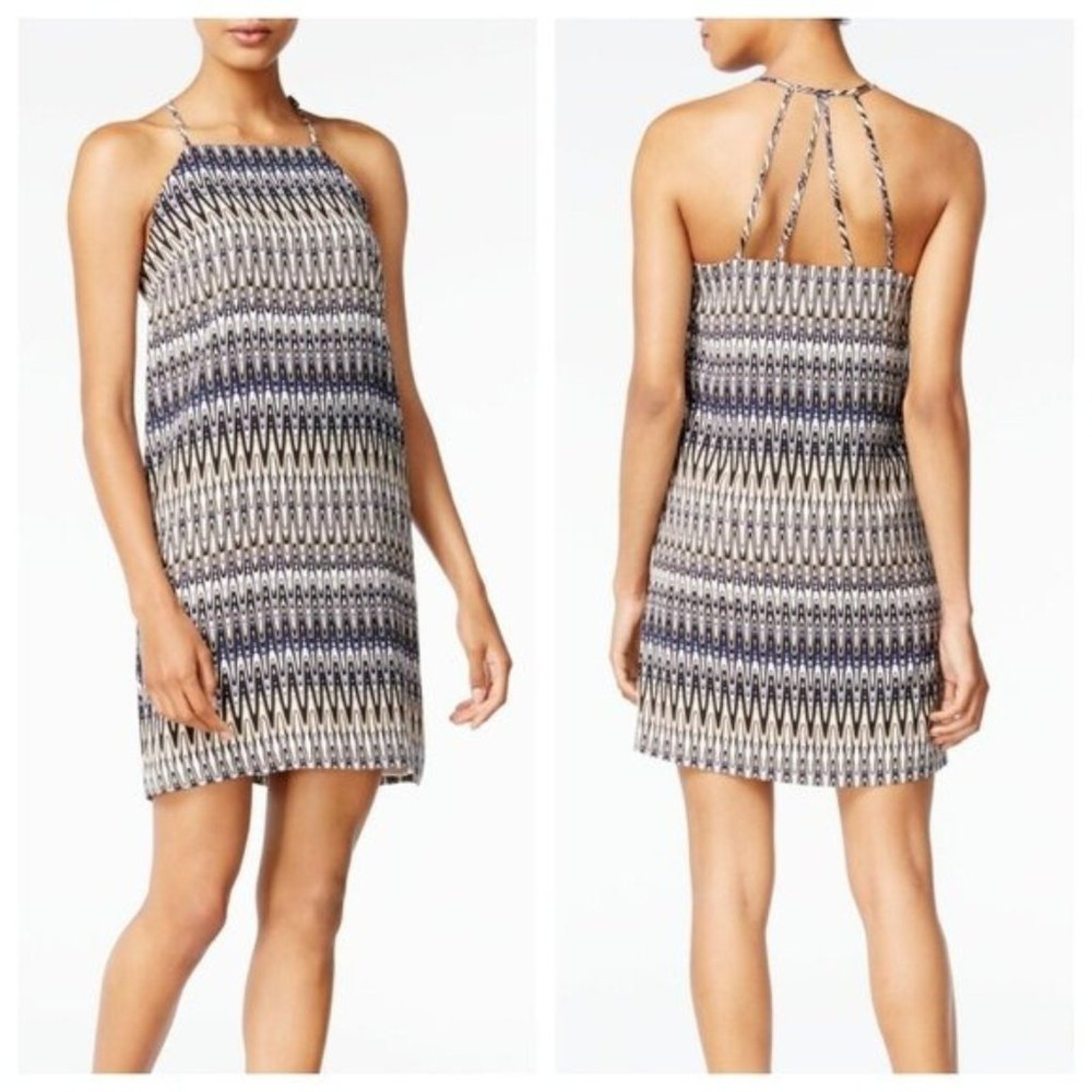 Kensie Halter Shift Dress Sundress Back Detail Abstract Striped Lined Blue M NWT