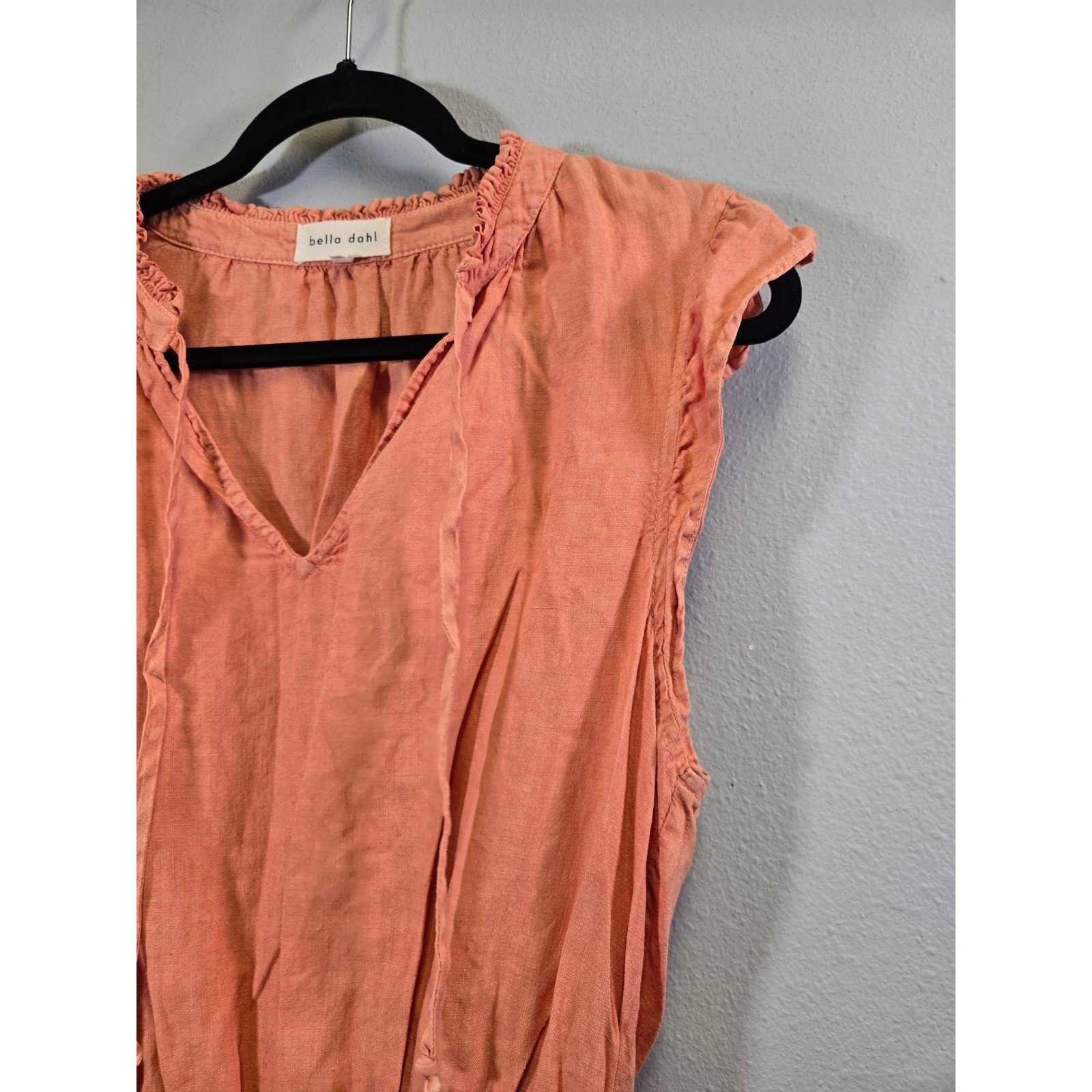 Bella Dahl Linen Boho Ruffle Tie Neck Elastic Waist Mini Dress Orange Large