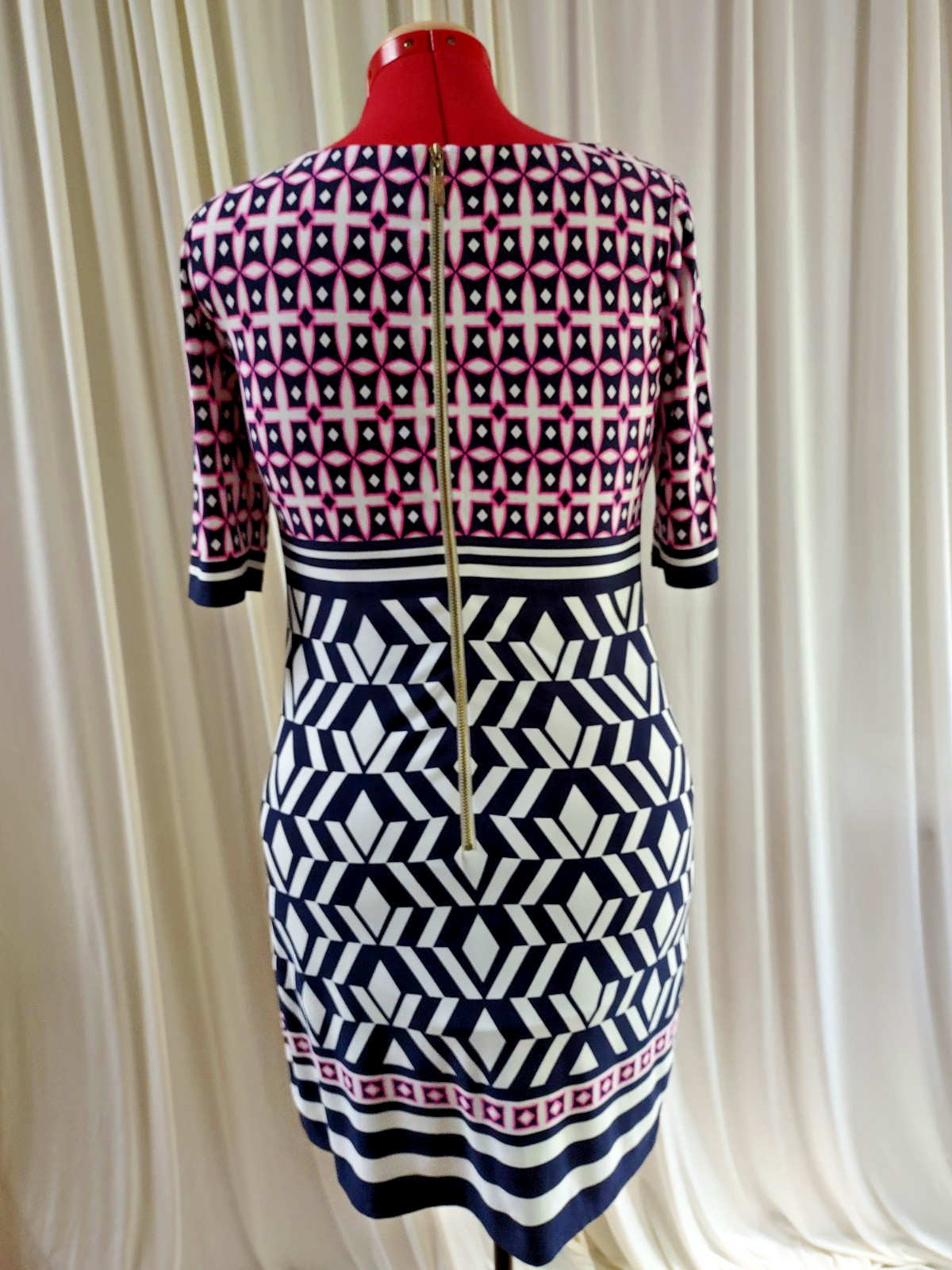 Eliza J Womens Pink Navy Geometric Round Neck Short Sleeve Sheath Dress Sz 6