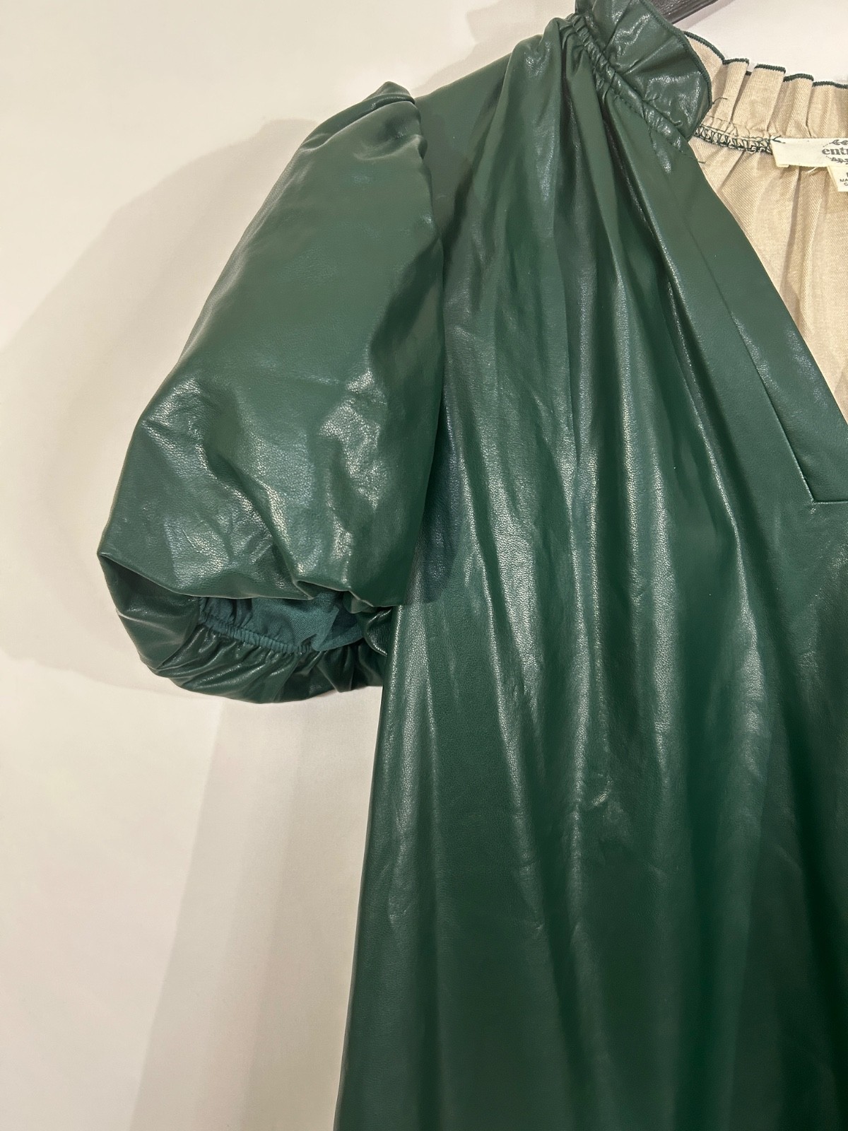 Entro Faux Leather Tiered Ruffle Sleeve Dress Minimalist Neutral Green Sz M