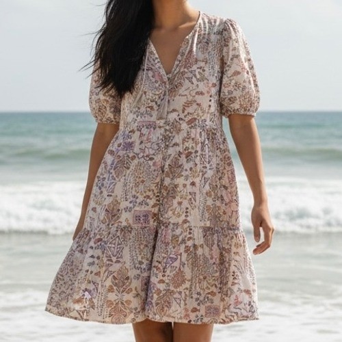 Karlie Womens Cotton Tiered Babydoll Dress Puff Sleeve Cream Multi Size Lg Boho