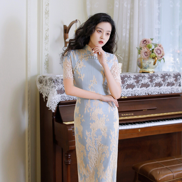 Women Chinese Style Casual Improved Cheongsam Lace Vintage Banquet Slim Qipao Sz