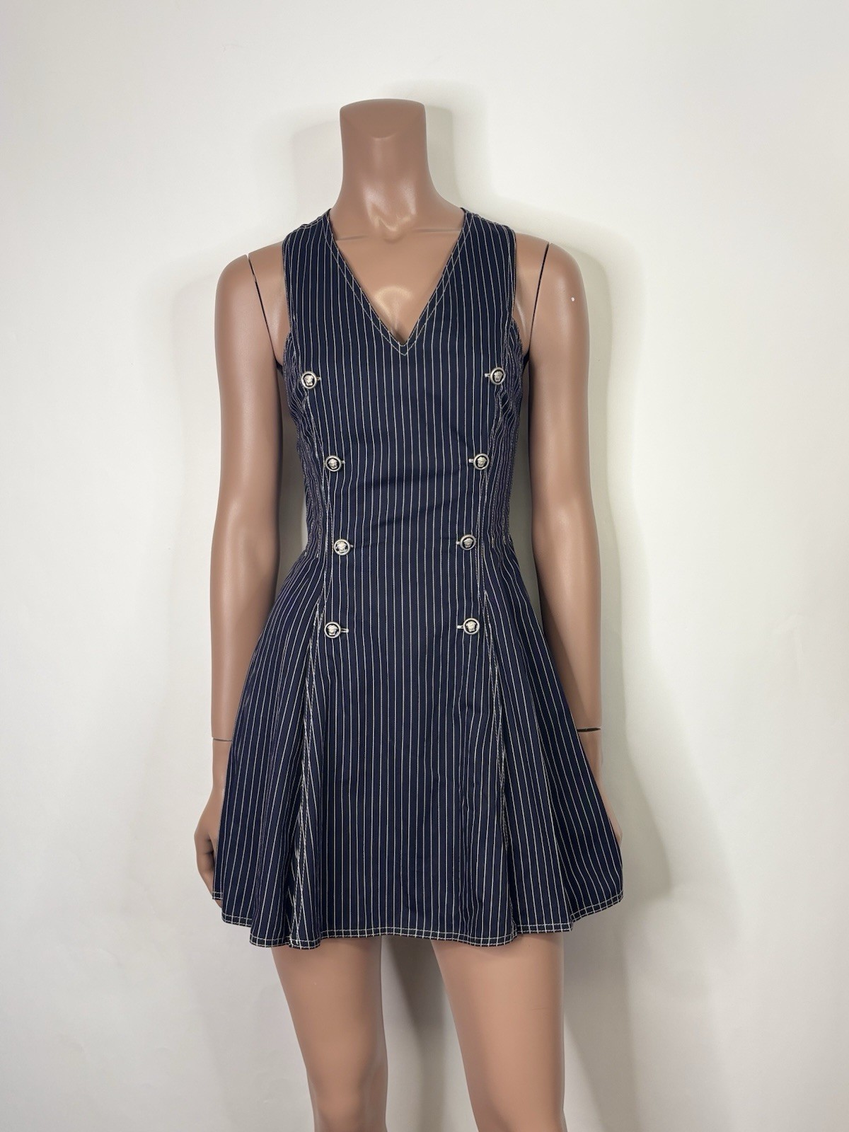 Vtg Versace Jeans Signature Navy Pinstripe Medusa Button Mini Dress 38 XS