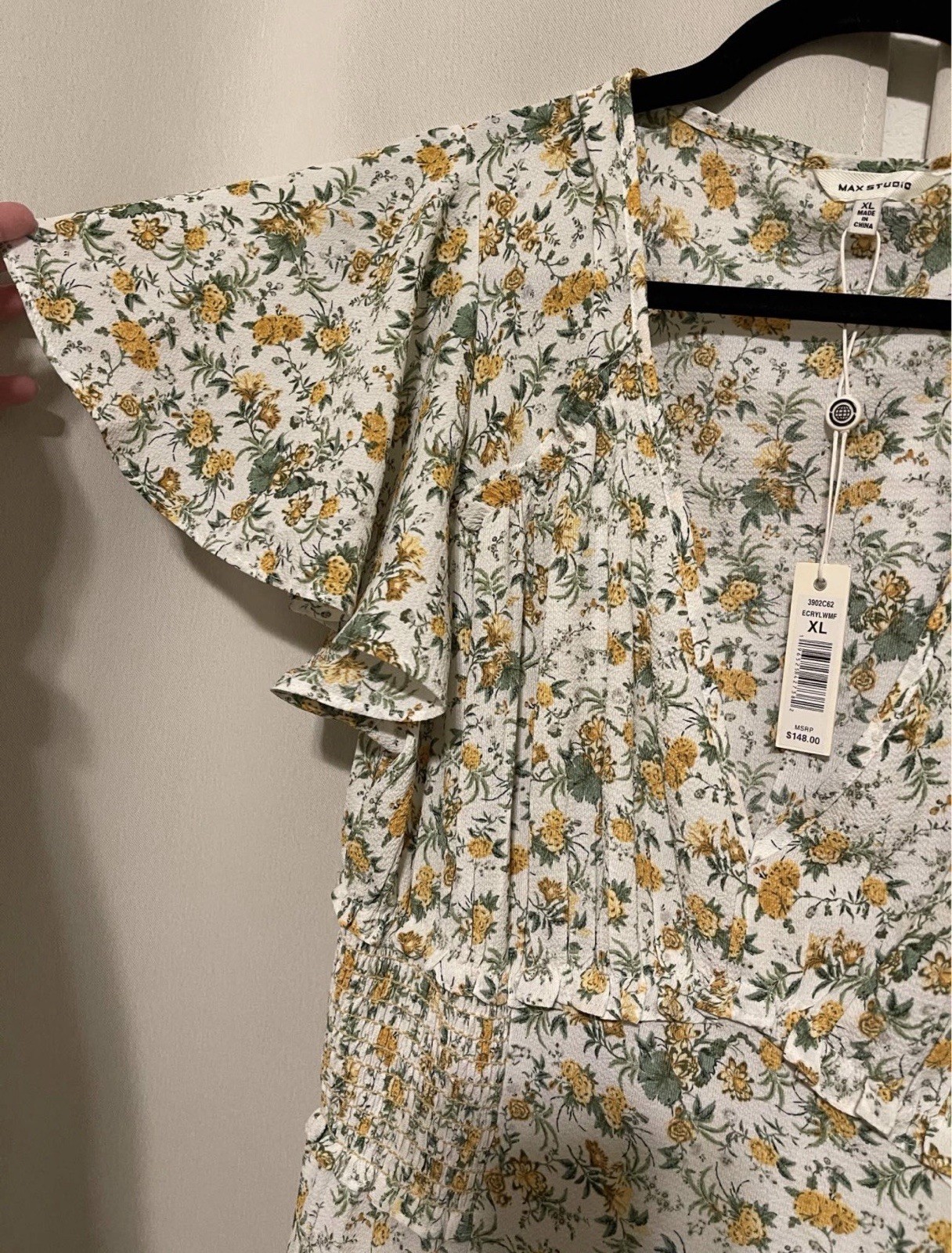 Max Studio V-Neck Floral Maxi Dress XL White Yellow Green Smocked Ruffle