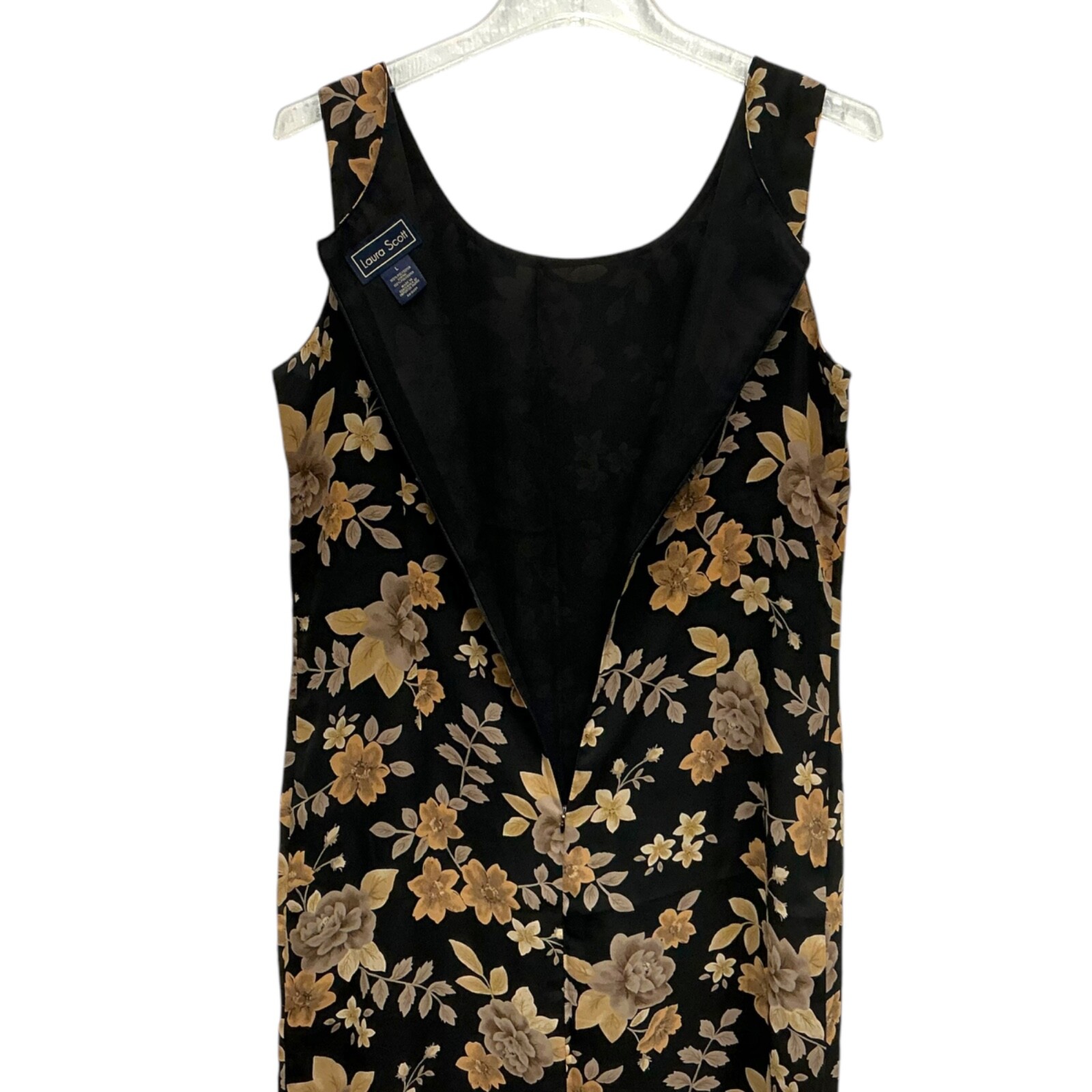 Laura Scott Dress Full Long Sleeveless Black Pencil Sz L tan Beige Floral lined