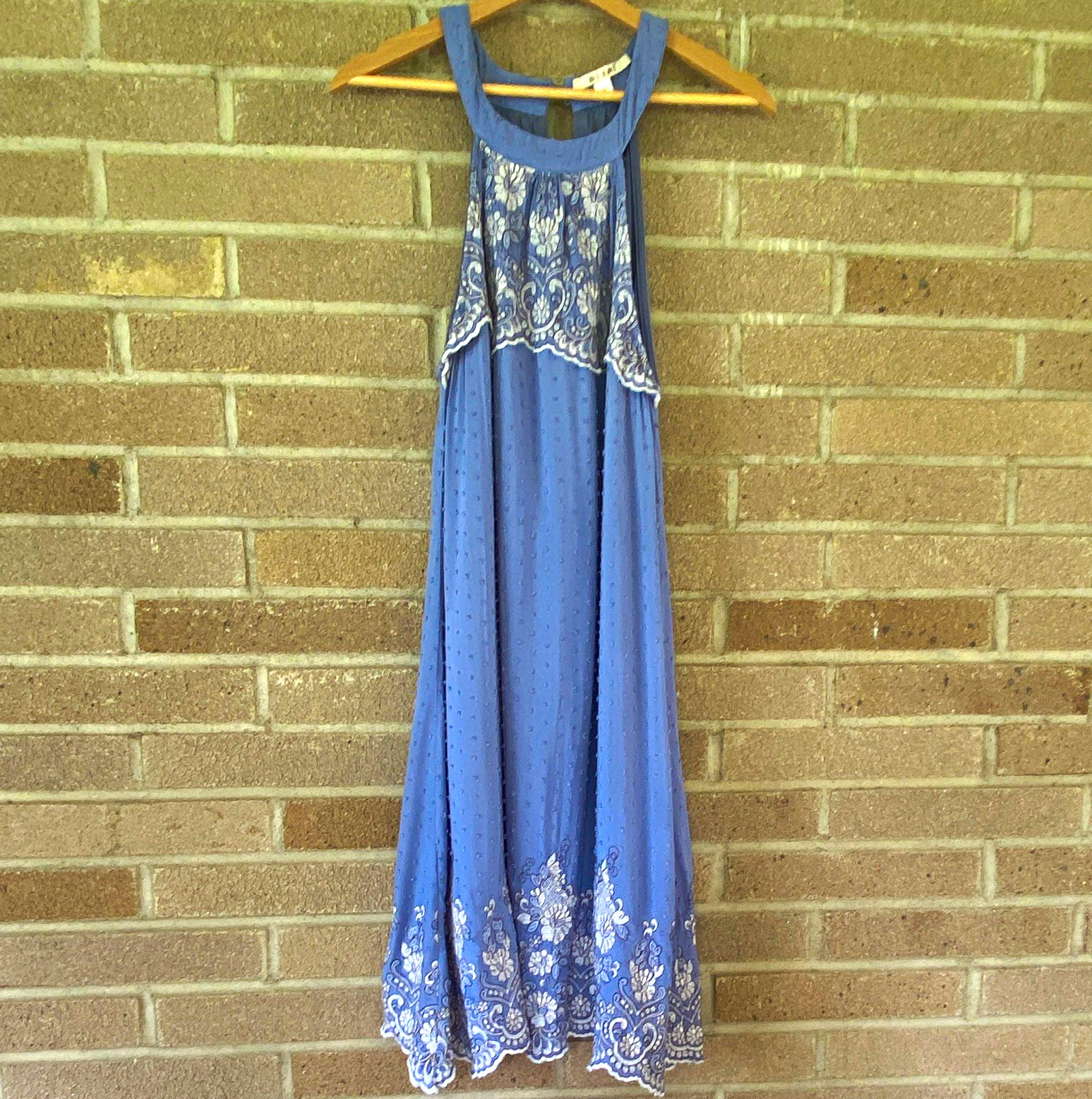 Miami Womens Blue Floral Embroidered A-Line Round Neck Midi Dress Lined Size L