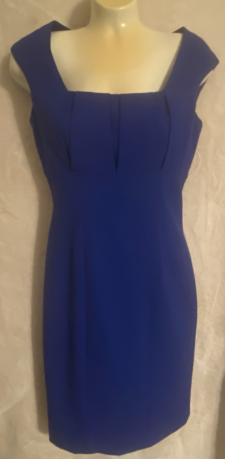 Calvin Klein Women’s 4 Blue Sheath Dress Square Neck Cap Sleeve Pleated Zip