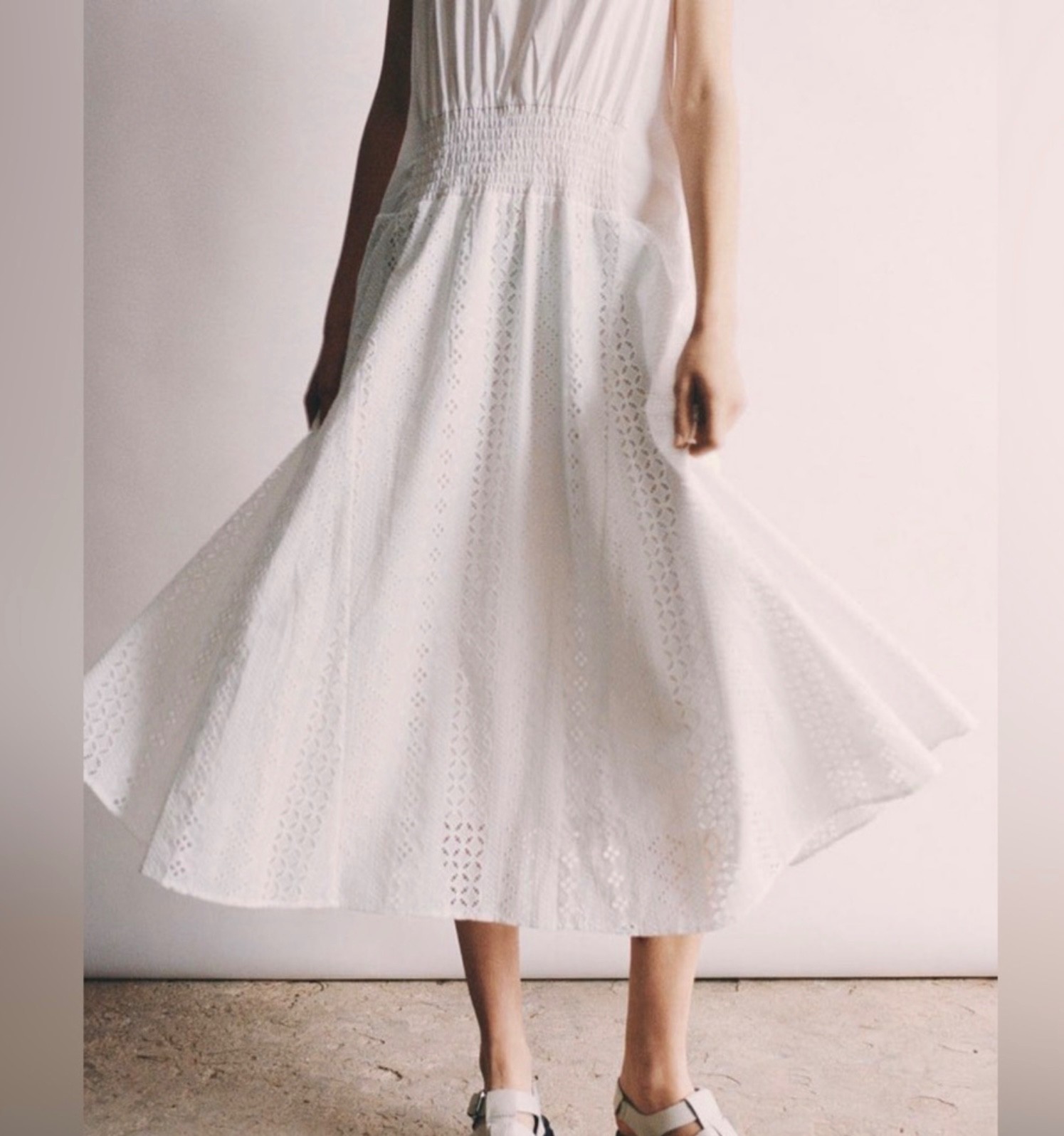 Thakoon white Eyelet Combo Trapeze long Dress Size 2 NWT smocked waist summer