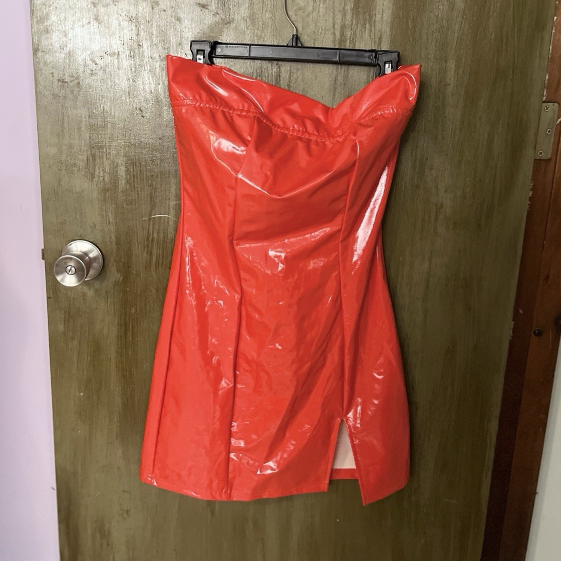 Red Strapless Mini Dress S Solid Polyester Latex Look Zip Party Clubwear