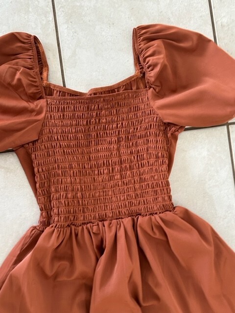 SHEIN Rust Copper Puff Sleeve Off The Shoulder Dress Size Small Gathered Boho Ne