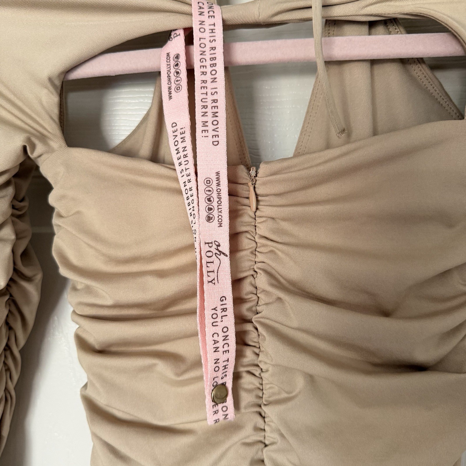 Ruched Nude Bodycon Mini Dress Halter Cutout Long Sleeve Party Club Cocktail US4