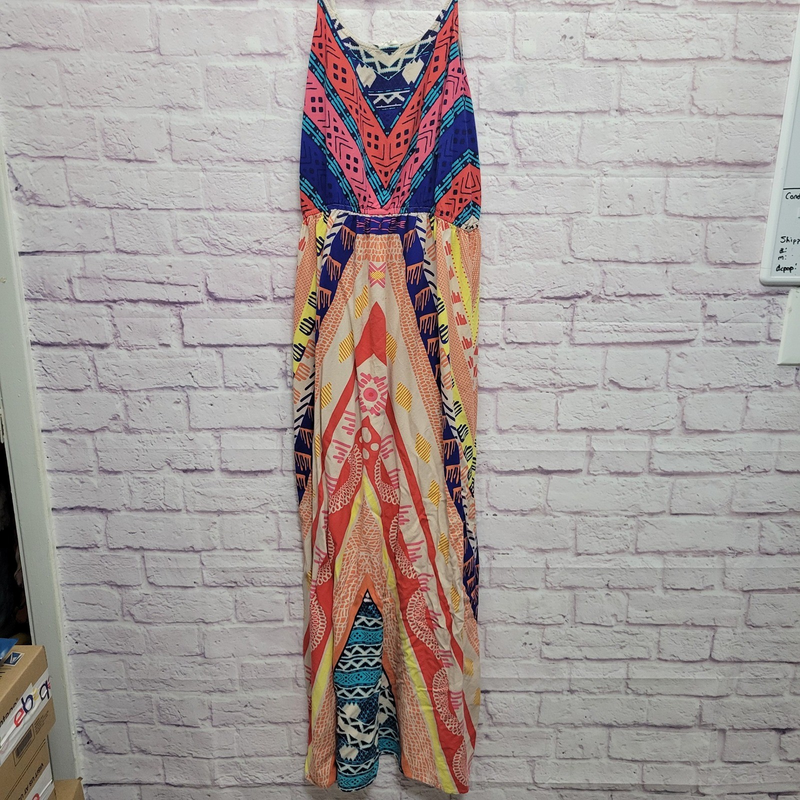 Sweet Wanderer Boho Aztec Tribal Maxi Dress Sz L Colorful Beach Flowy Resortwear