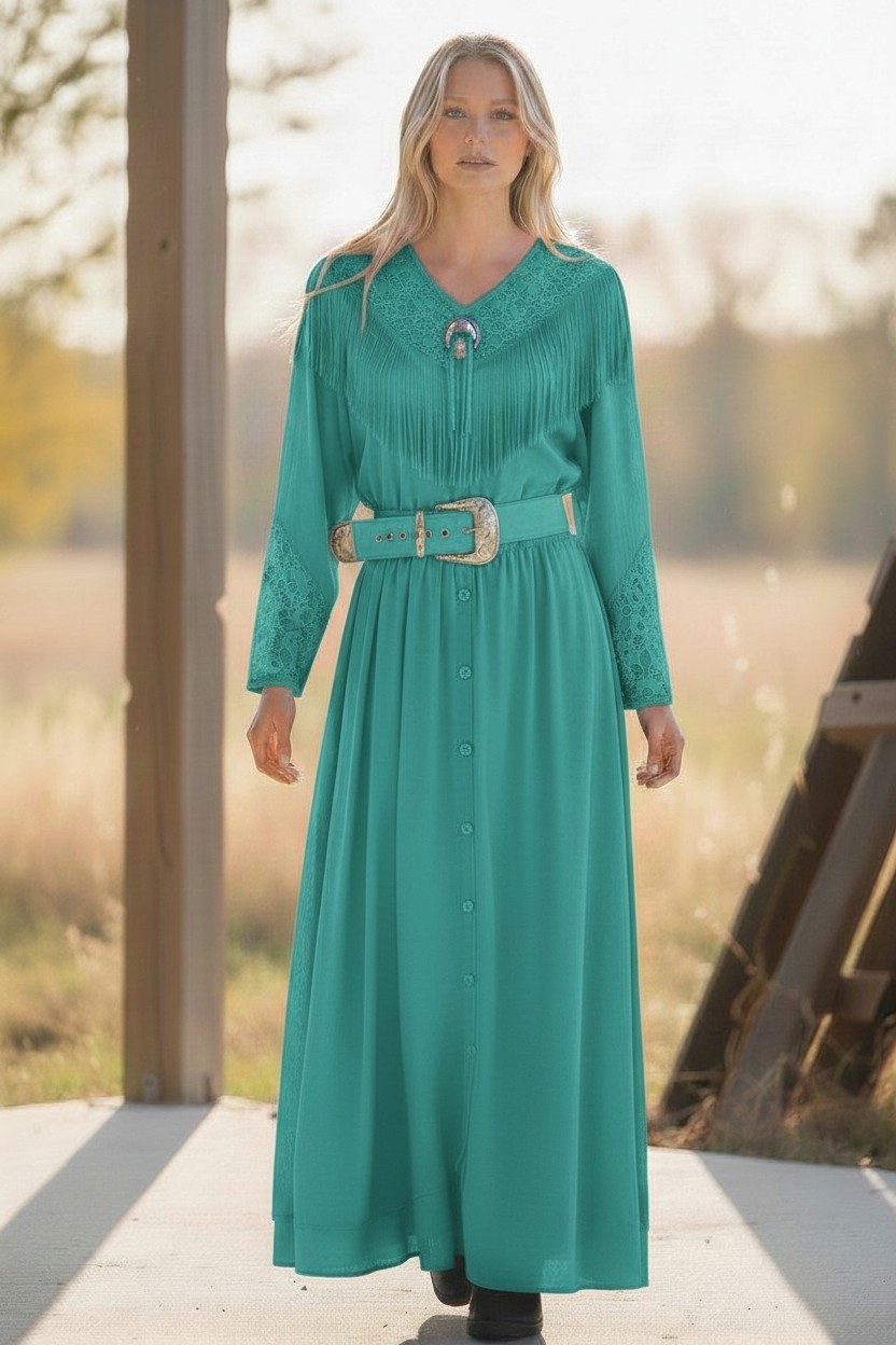 Vtg Sas’sa Cowgirl Western Long Turquoise dress lace fringe belt Concho Sz M USA
