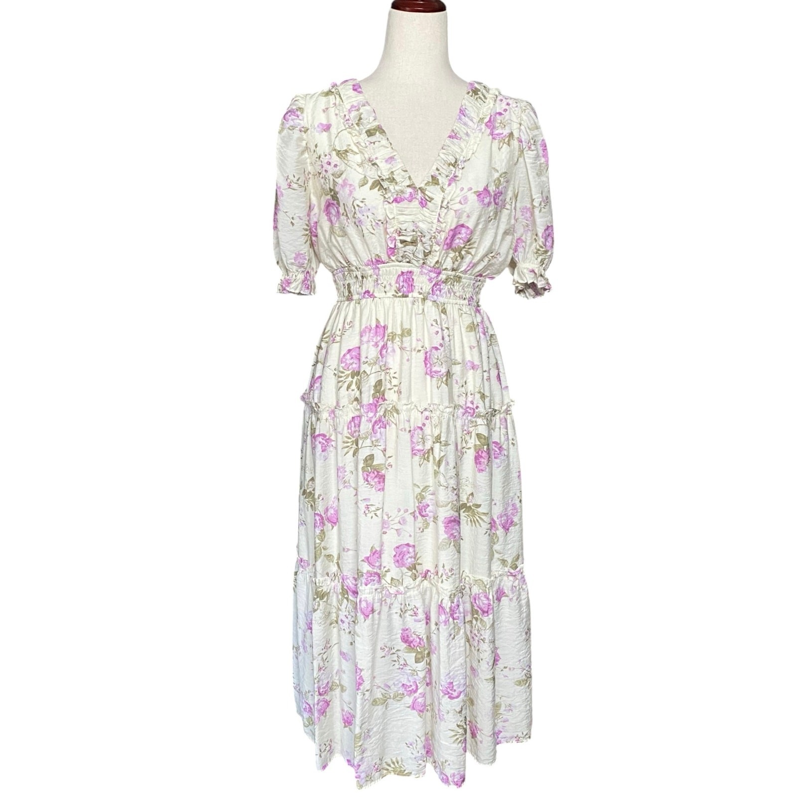 By The River Cottagecore Fairycore Puff Sleeve Floral Midi Dress Womens L White
