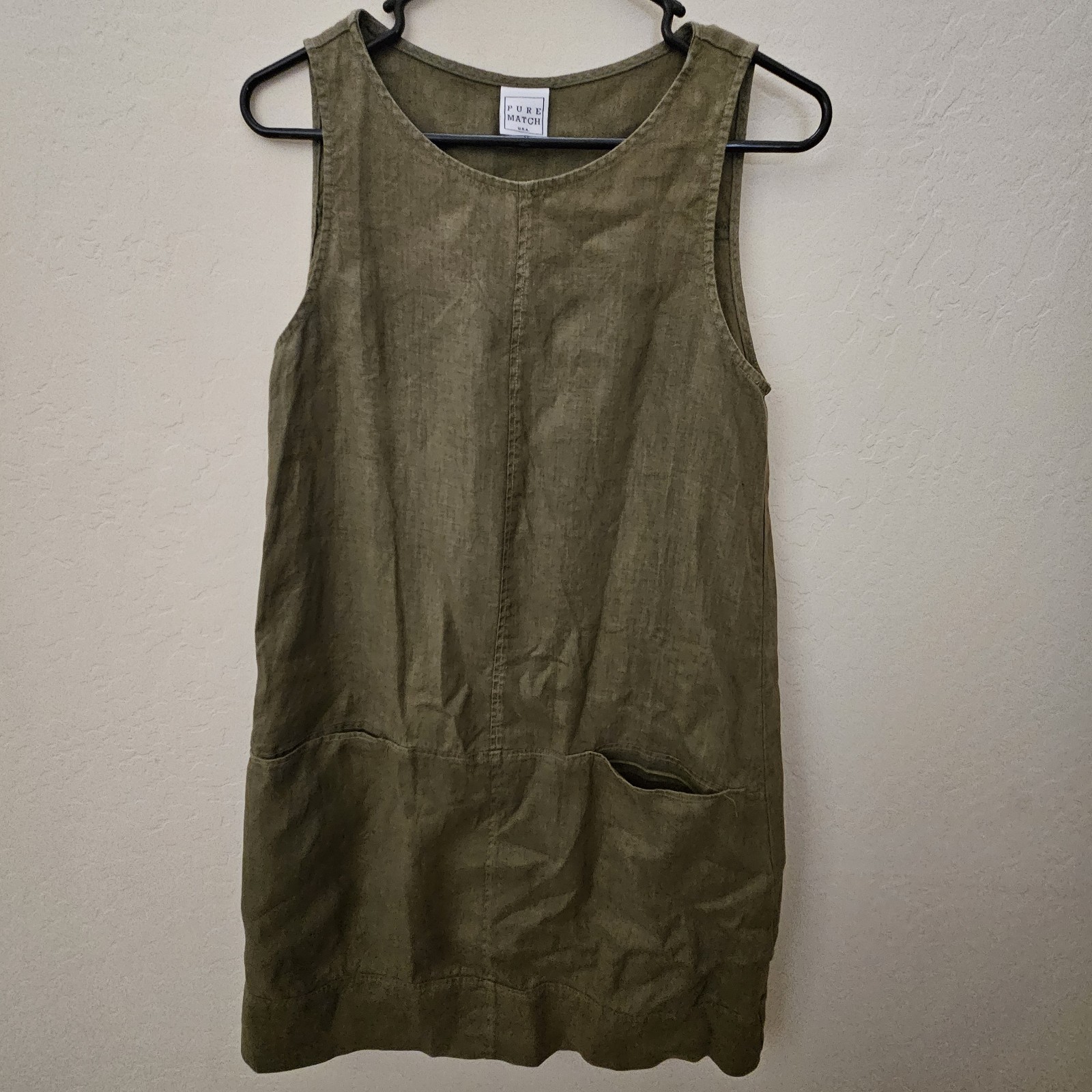 Pure Match Womens 100% Linen Sleeveless Dress Olive Green Made In USA Size Small