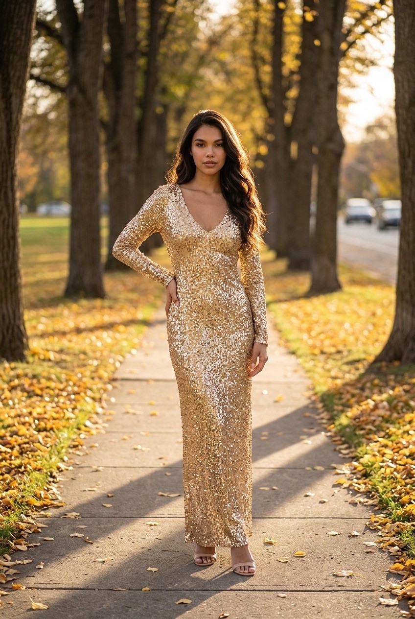 Fashion Nova Gold Sequins C Thru Maxi Dress New With Tags 2x/16 V Neck Low Back