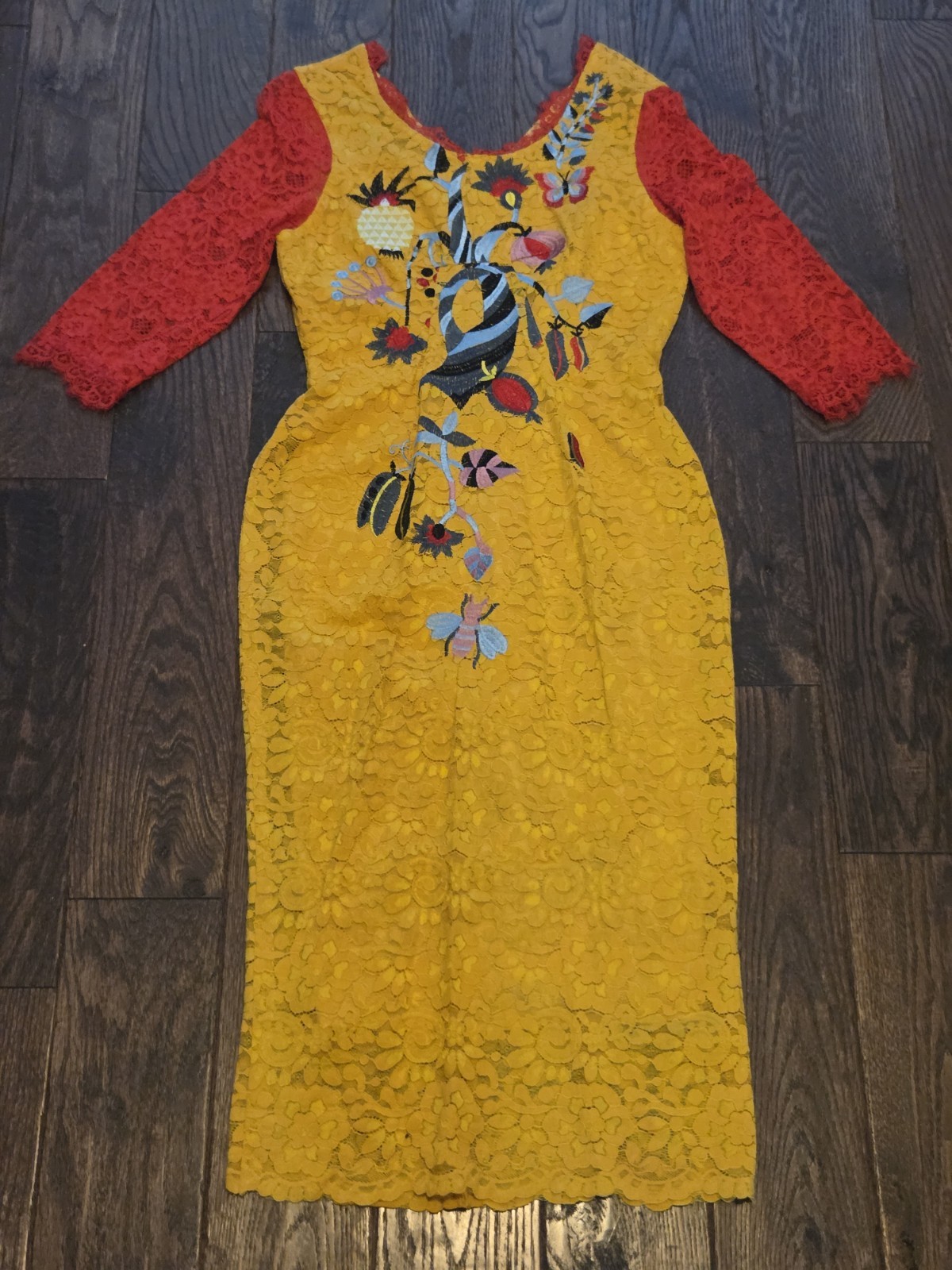 🐝Embroidered Lace Dress Mustard Yellow Red Floral Bee Butterfly Midi Boho M🐝