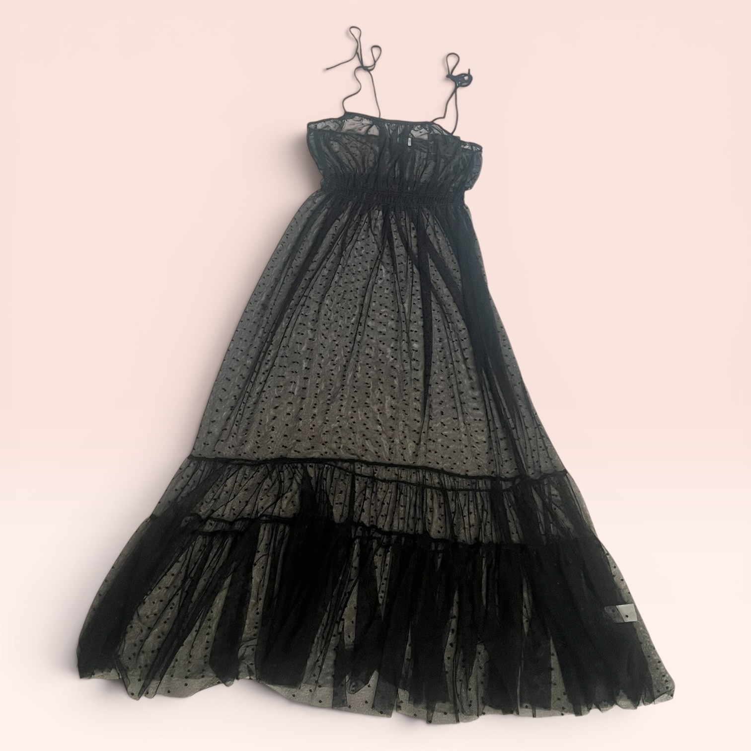 NWT LELIS Sheer Polka Dot Mesh Maxi Dress Black Gothic Tulle Tiered Ruffle USA M