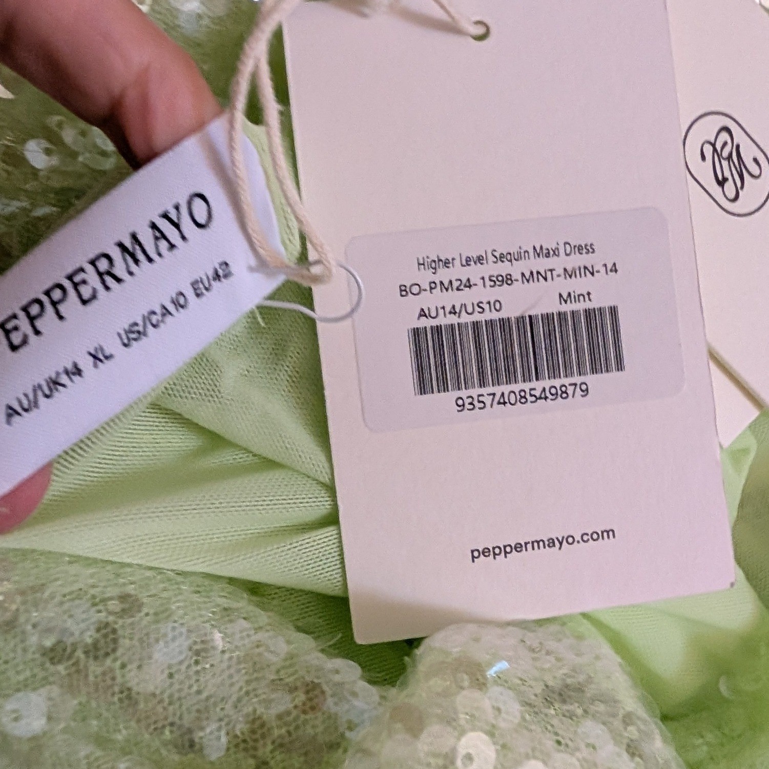 Peppermayo Higher Level Sequin Maxi Dress Mint Green Low Back Cowl XL Us 10 NEW