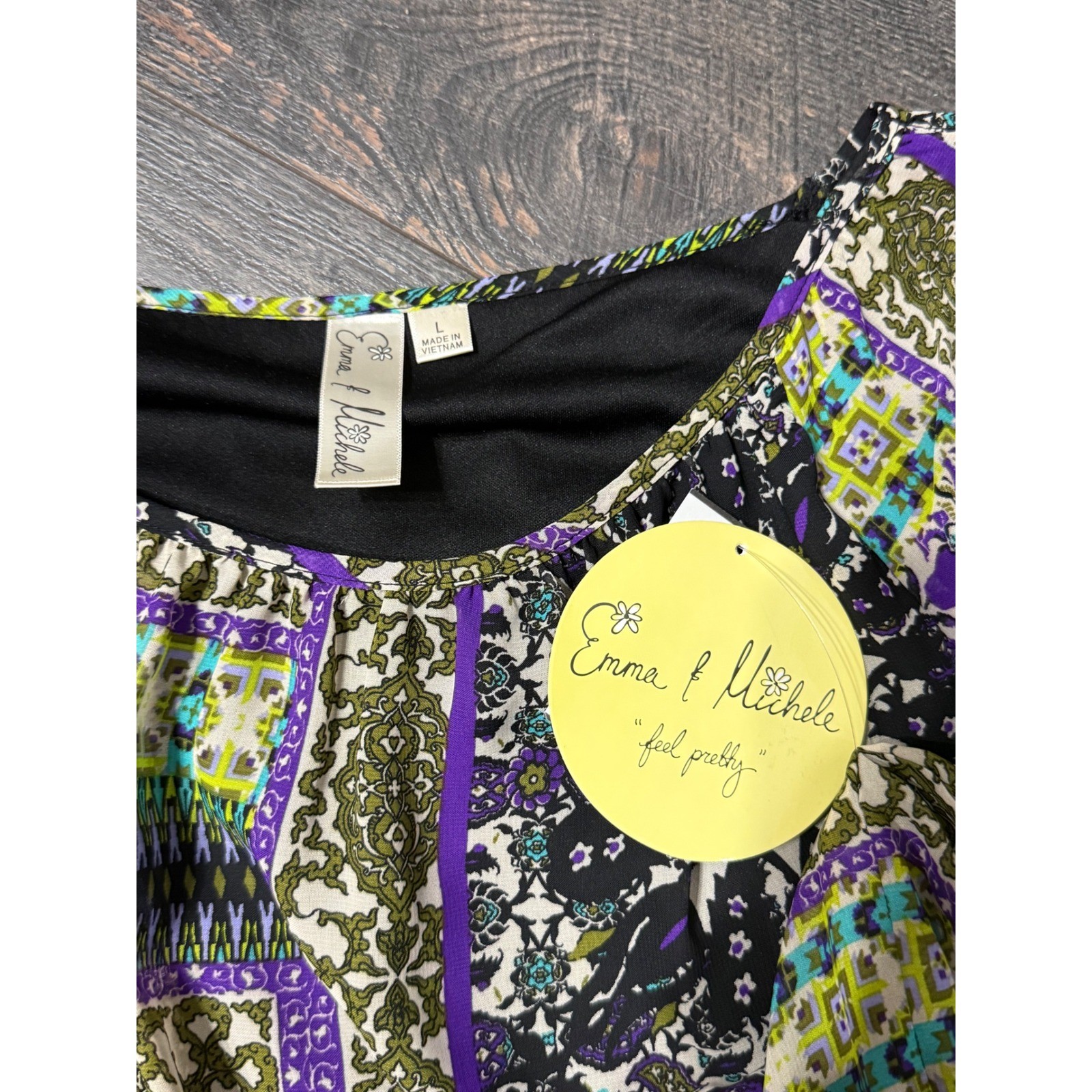 Emma & Michele Boho Patchwork Shift Dress Green Purple Tassel Trim Large NWT