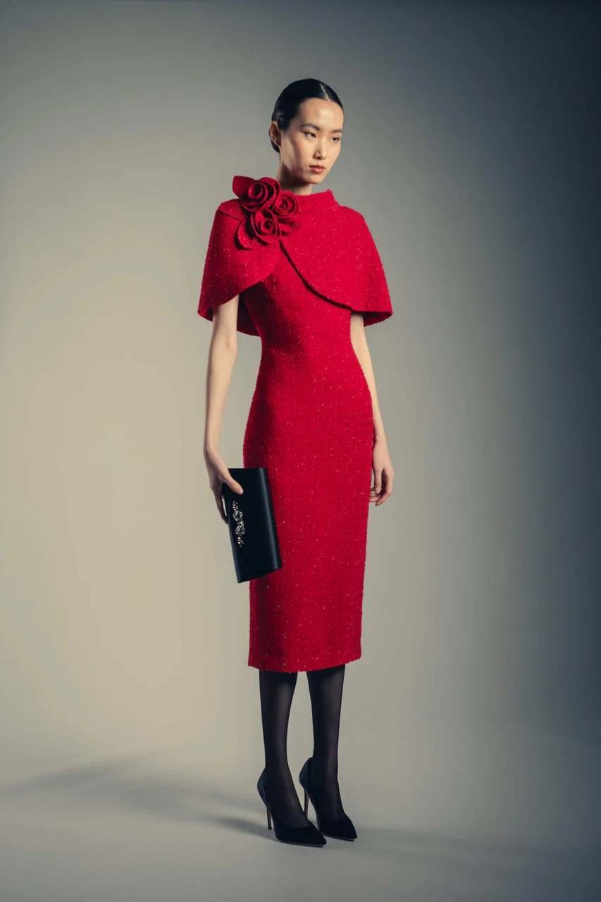 Badgley Mischka Red Tweed Rosette Capelet Sheath Dress sz 0 Modest $750