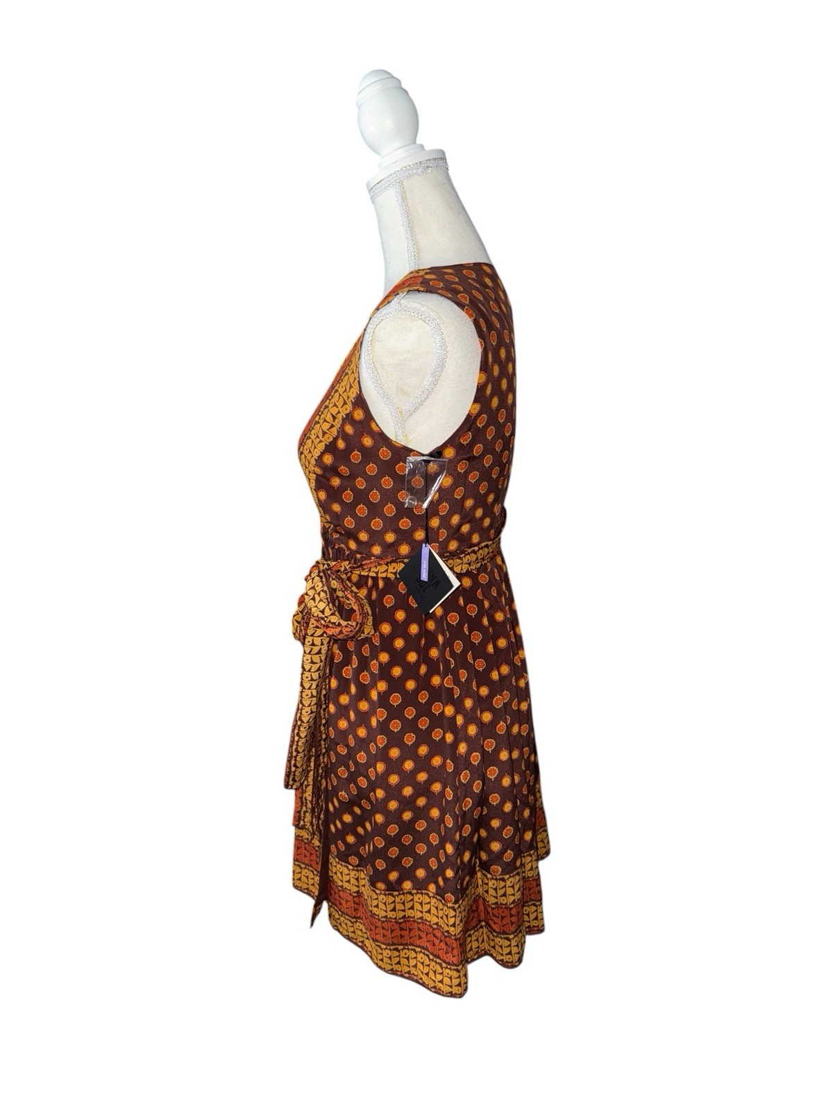 Anna Sui Silk Chiffon Wrap Dress Polka Dot Brown Orange Yellow Lined S