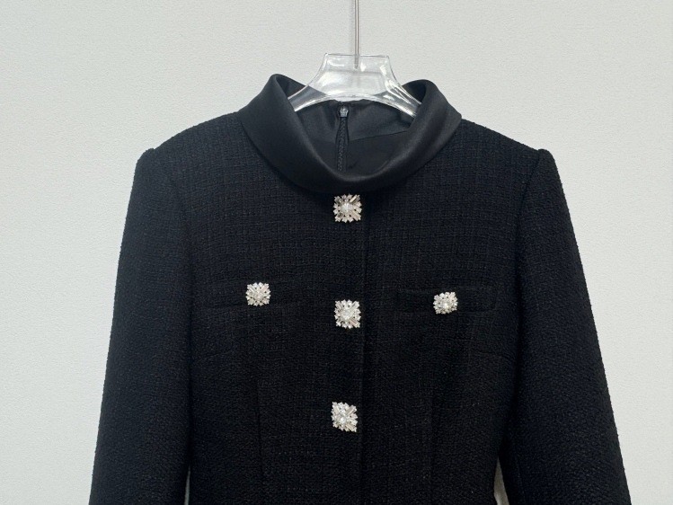 Self Portrait Black tweed patchwork long-sleeved stand-up collar Dresses