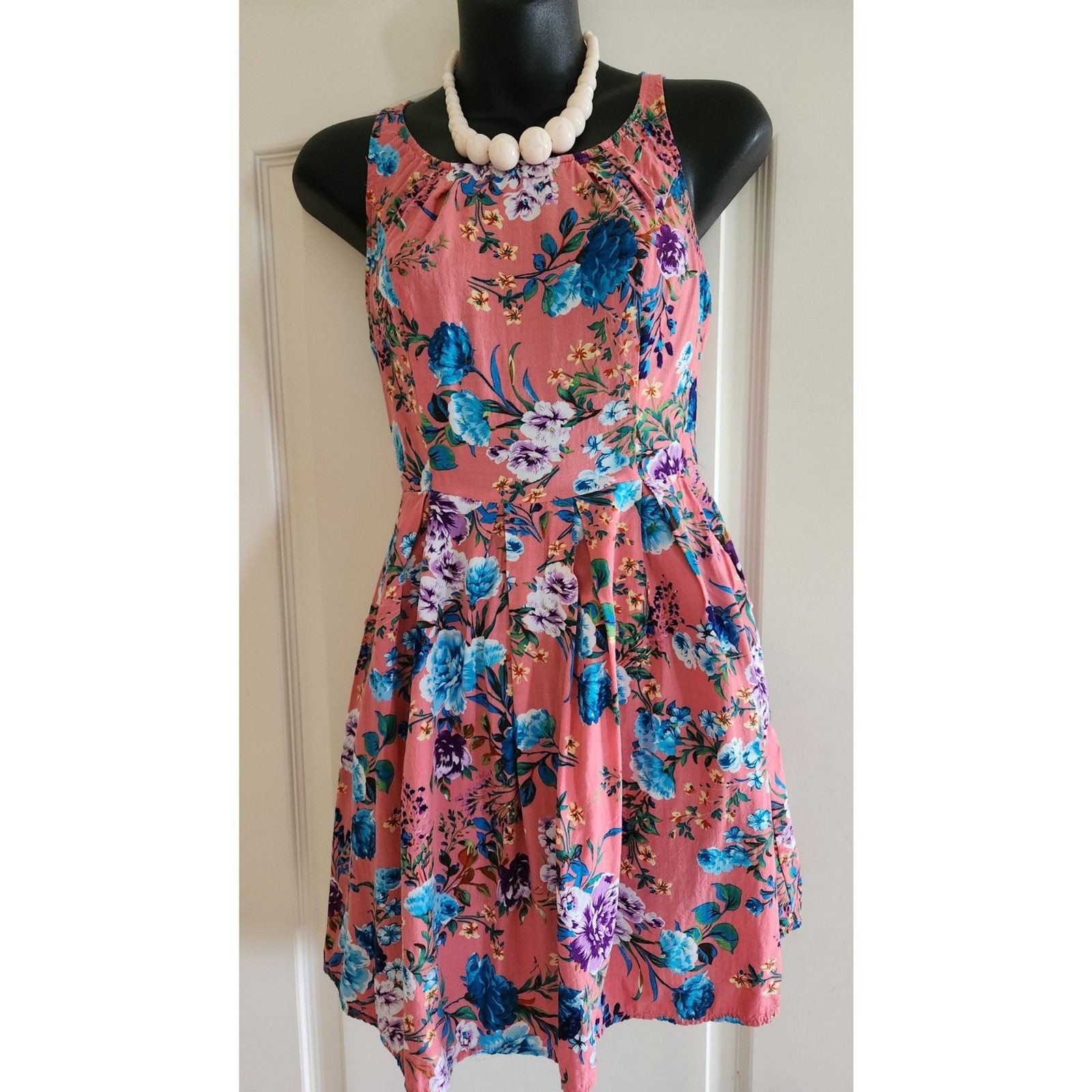 Sunny Girl Modcloth Pink Blue Purple Sleeveless Cotton Floral Dress Retro Sz S