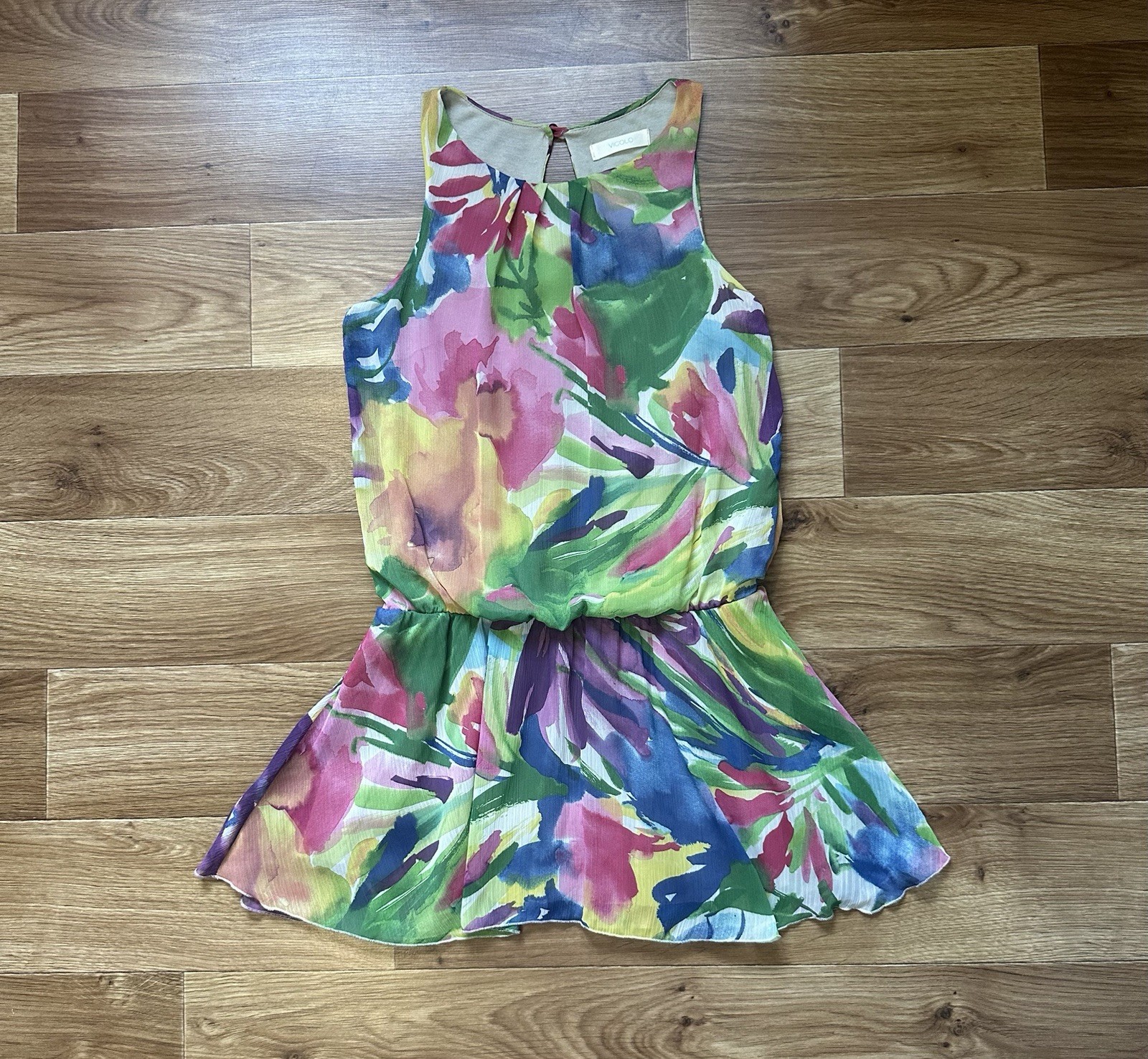 VICOLO Italian Floral Sleeveless Mini Dress S/M Colorful Watercolor Summer Shift