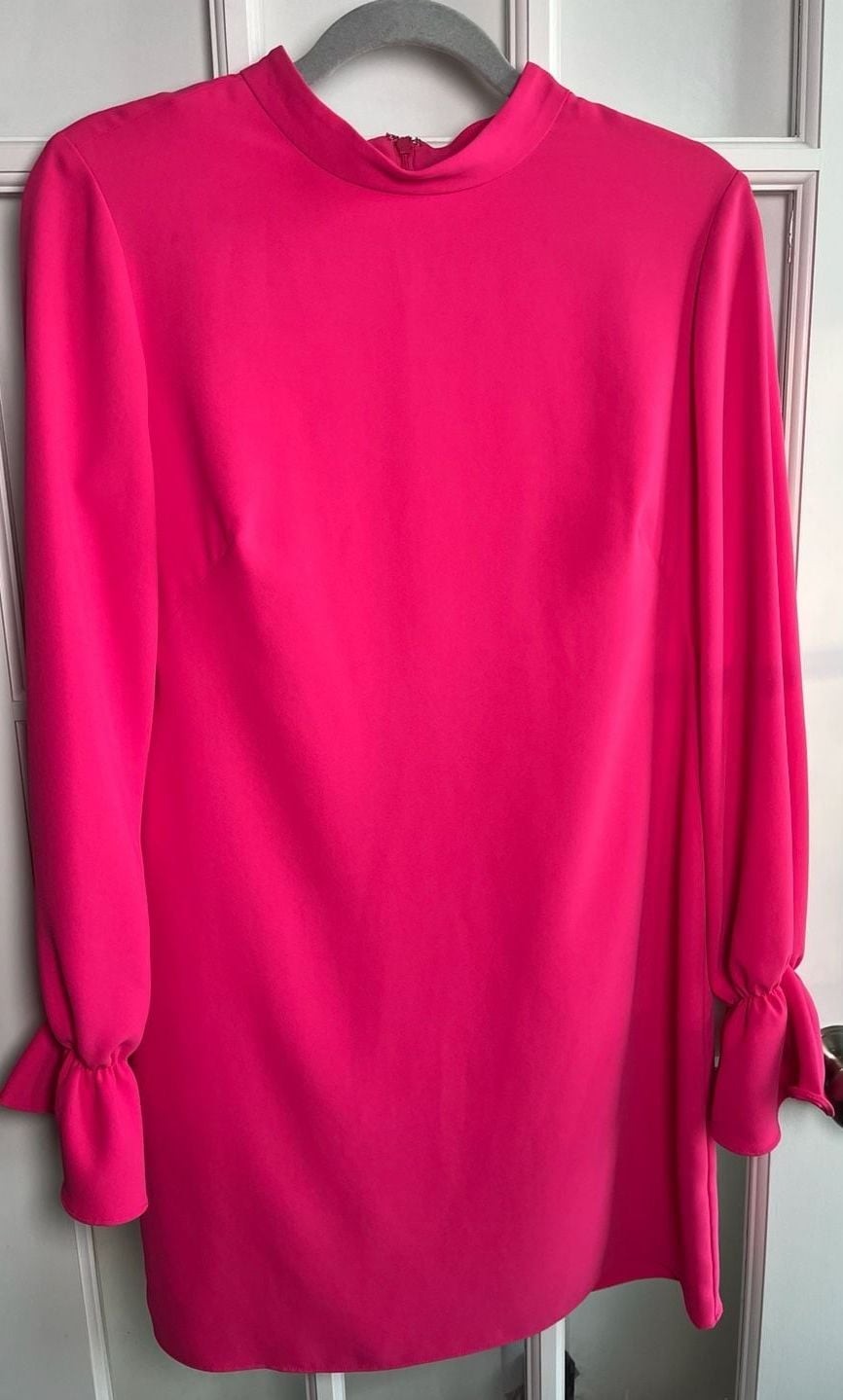 Amanda Uprichard High Neck Long Sleeve Ruffle Cuff Mini Dress in Hot Pink